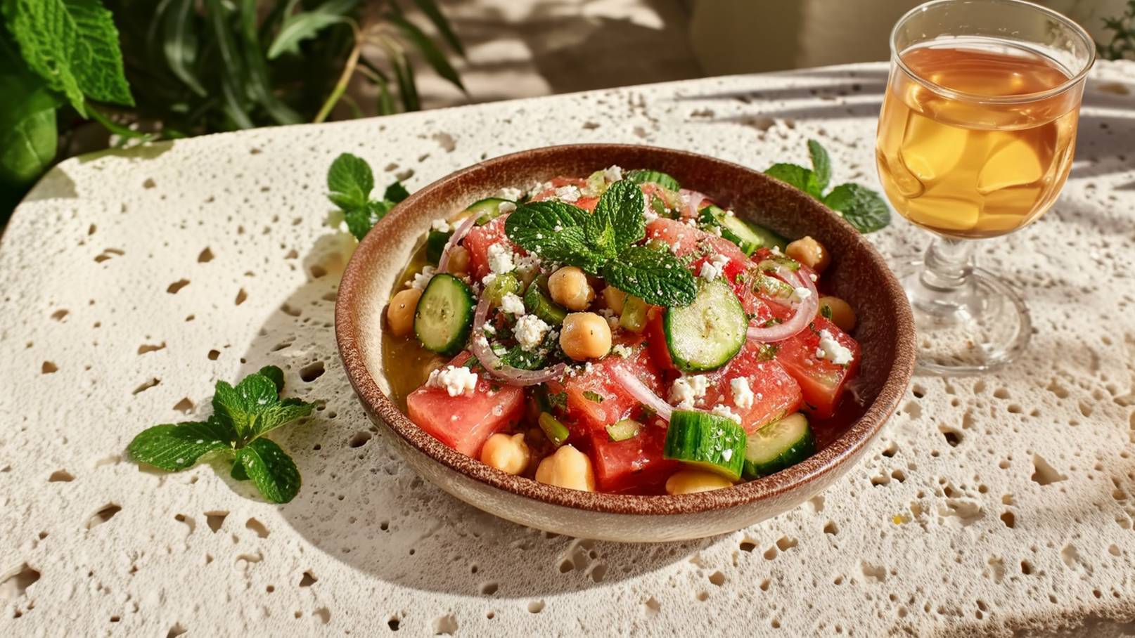 Eine Schüssel mit einem erfrischenden Salat aus Wassermelone, Gurken, Zwiebeln und Kichererbsen, garniert mit Minze und Feta-Käse. Daneben steht ein Glas mit einem honigfarbenen Getränk. Der Salat ist reichhaltig und farbenfroh, perfekt für warme Tage.