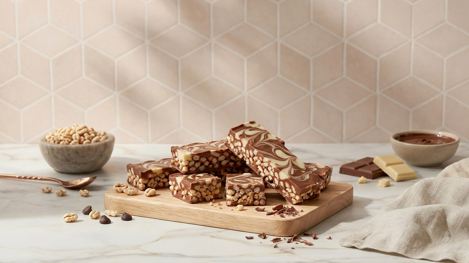 Auf einem Holzbrett liegen mehrere schokoladige Riegel mit einer Knusperfüllung. Neben ihnen befindet sich eine kleine Schüssel mit Puffreis. Im Hintergrund ist eine sanfte, geometrische Wandgestaltung zu sehen.
