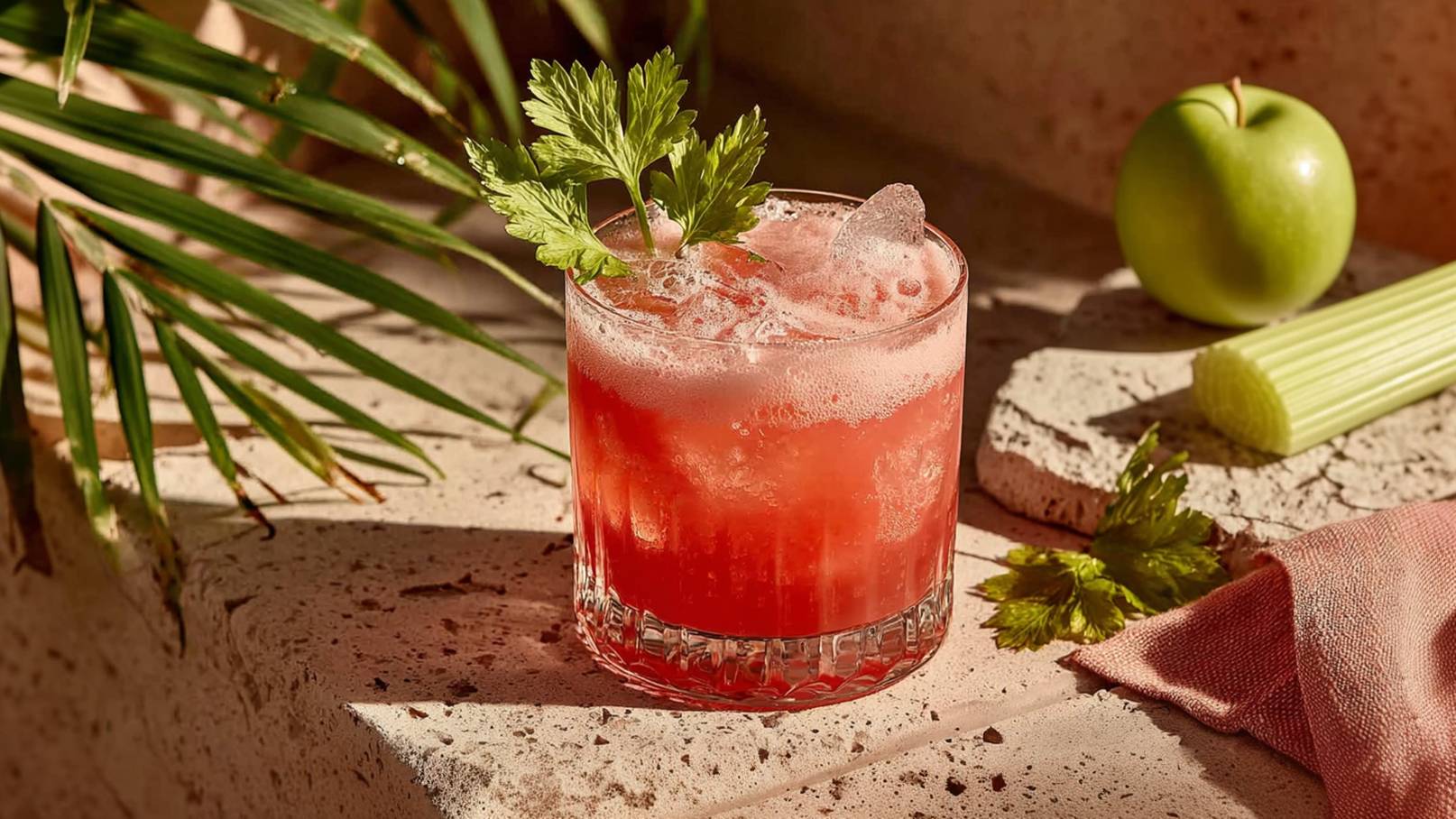 Ein Getränkecocktail in einem klaren Glas, gefüllt mit einem schäumenden, roten Mix, garniert mit frischem Sellerie. Neben dem Glas liegt ein grüner Apfel und ein Stück Sellerie auf einer steinernen Unterlage. Die Szene vermittelt eine sommerliche, erfrischende Atmosphäre.