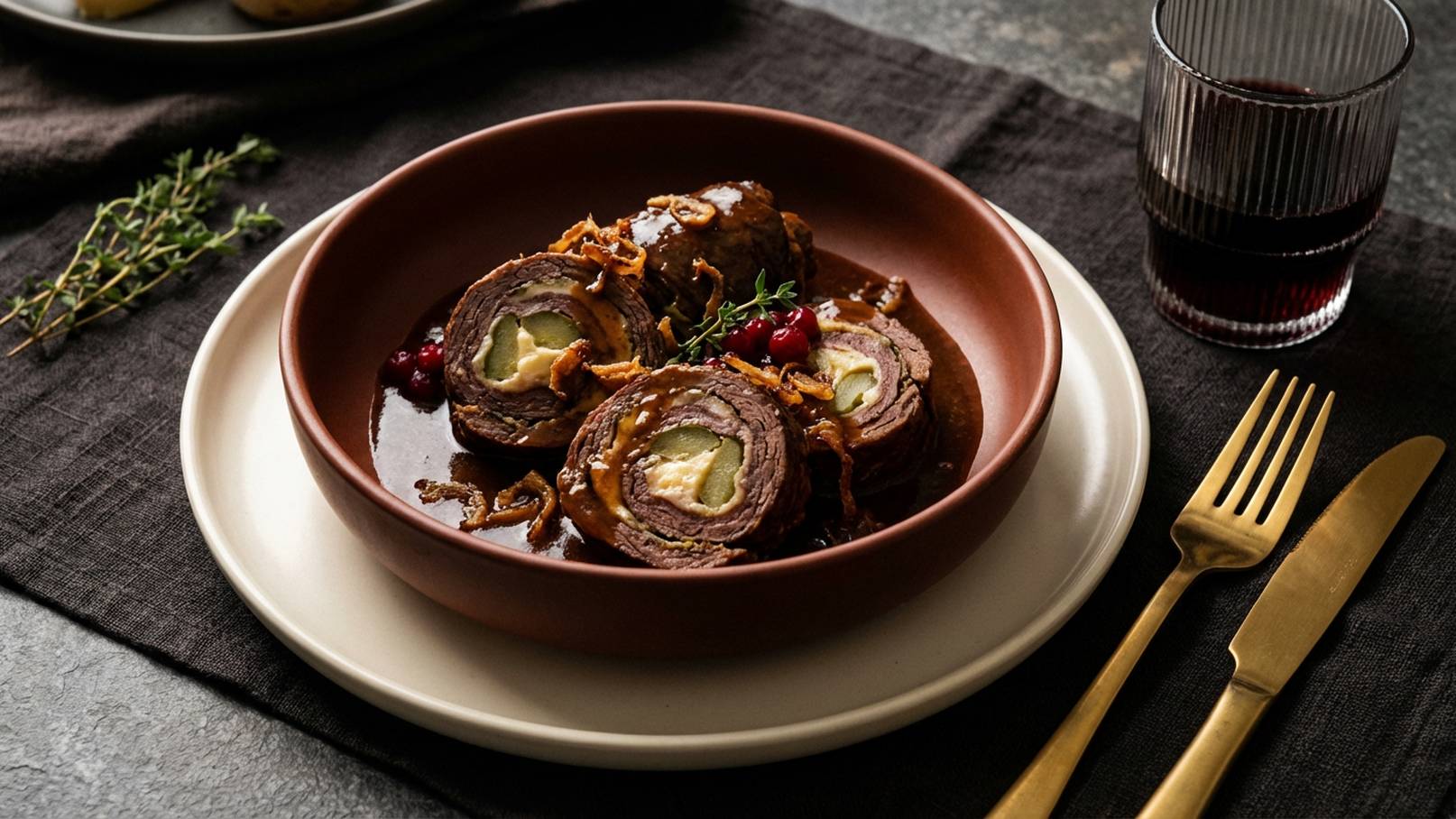 Ein brauner Teller mit aufgerolltem Rindfleisch gefüllt mit Gurken und Käse, umgeben von einer dunklen Soße und gerösteten Zwiebeln. Ein paar Preiselbeeren und frischer Thymian ergänzen das Gericht. Neben dem Teller liegt eine Gabel und ein Messer aus goldfarbenem Besteck.