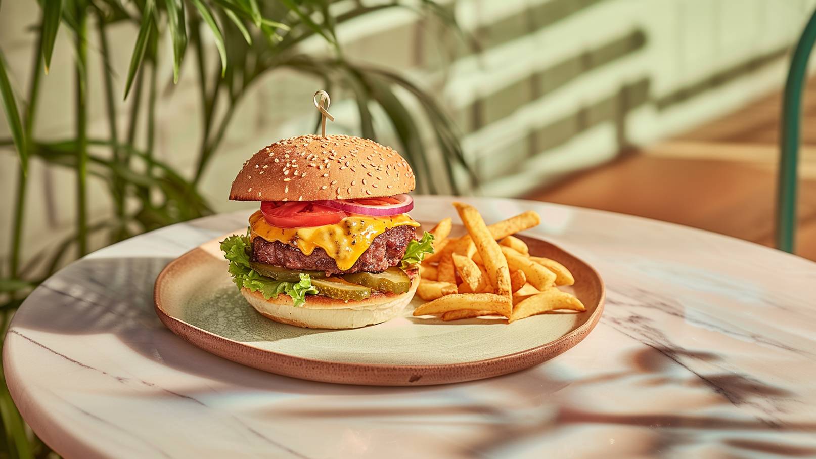 Ein saftiger Hamburger mit einem Sesambrötchen, gefüllt mit einem Fleischpatty, frischem Salat, Tomatenscheiben, Gurken und Zwiebeln. Daneben steht ein Glas Wasser mit einer Zitronenscheibe. Im Hintergrund ist eine Holzplatte mit weiteren Zutaten sichtbar.