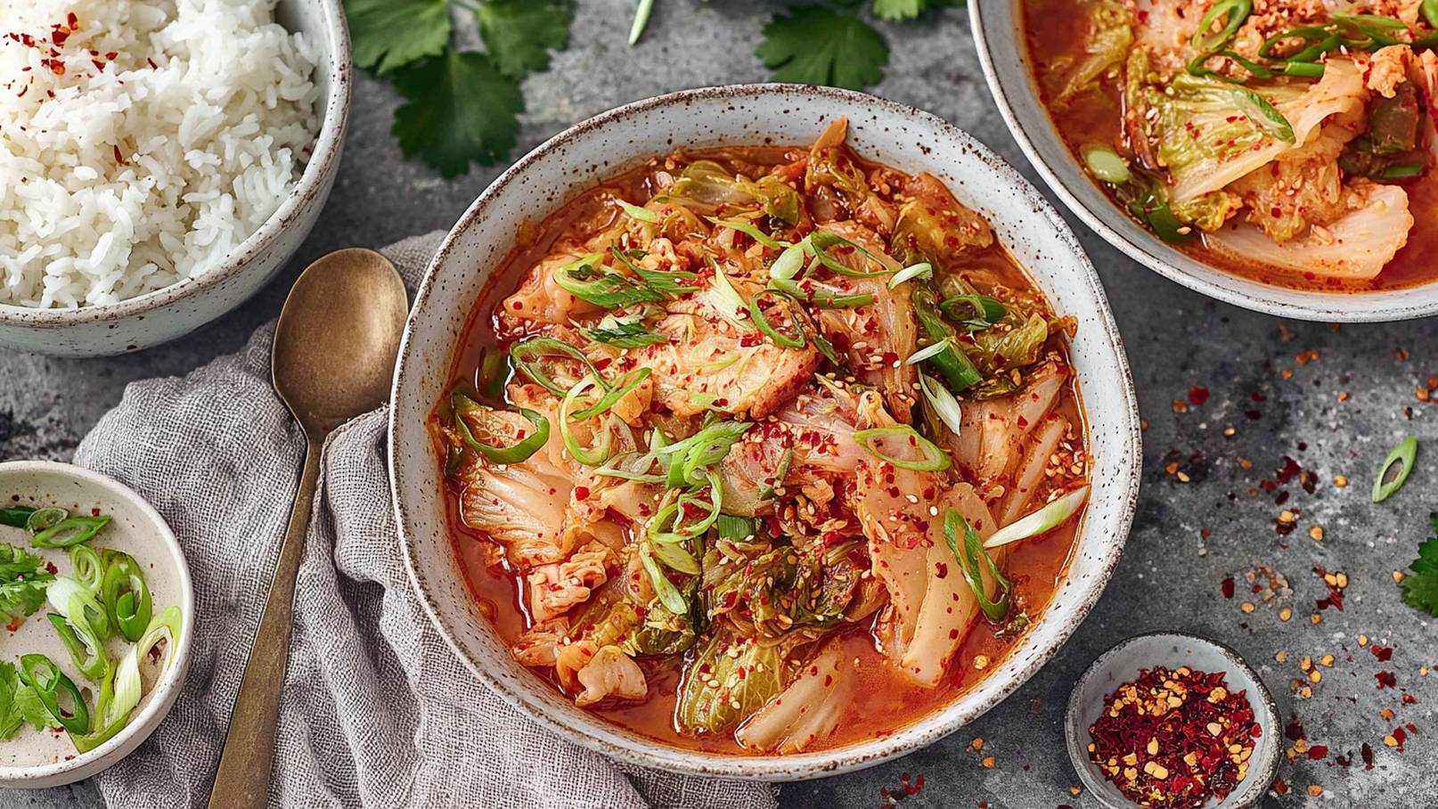 Eine Schüssel Kimchi-Jjigae, ein koreanischer Eintopf, gefüllt mit Tofu, Kimchi und frischem Gemüse. Der Eintopf hat eine rote, würzige Brühe und ist mit Frühlingszwiebeln und Sesam bestreut. Im Hintergrund sind auch einige Beilagen sichtbar.