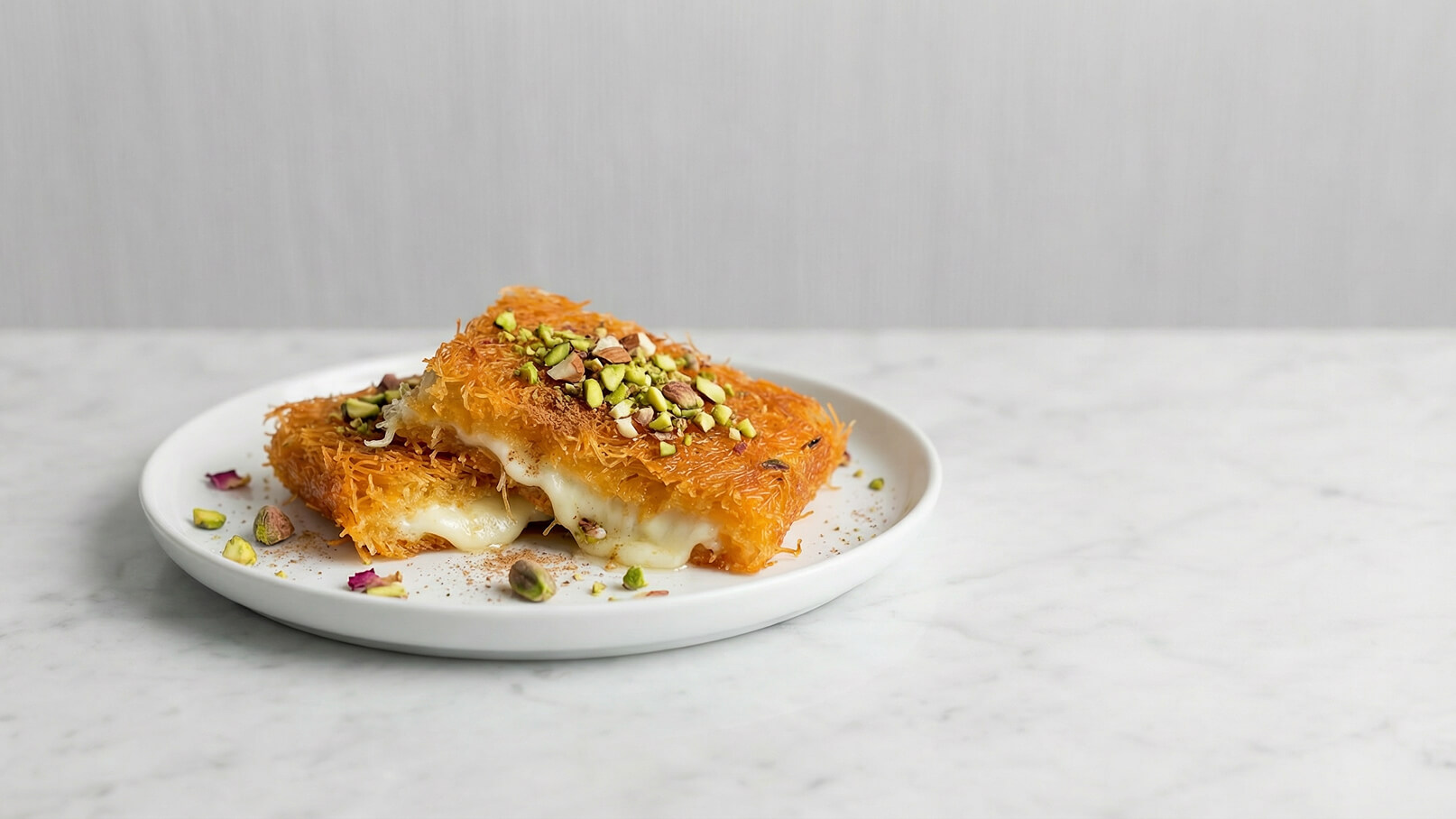 Auf einem weißen Teller liegen zwei Stücke knuspriger Süßspeise, gefüllt mit geschmolzenem Käse. Sie sind mit gehackten Pistazien und kleinen Rosenblüten dekoriert. Der Hintergrund ist neutral und unaufdringlich, sodass die Süßspeise im Mittelpunkt steht.