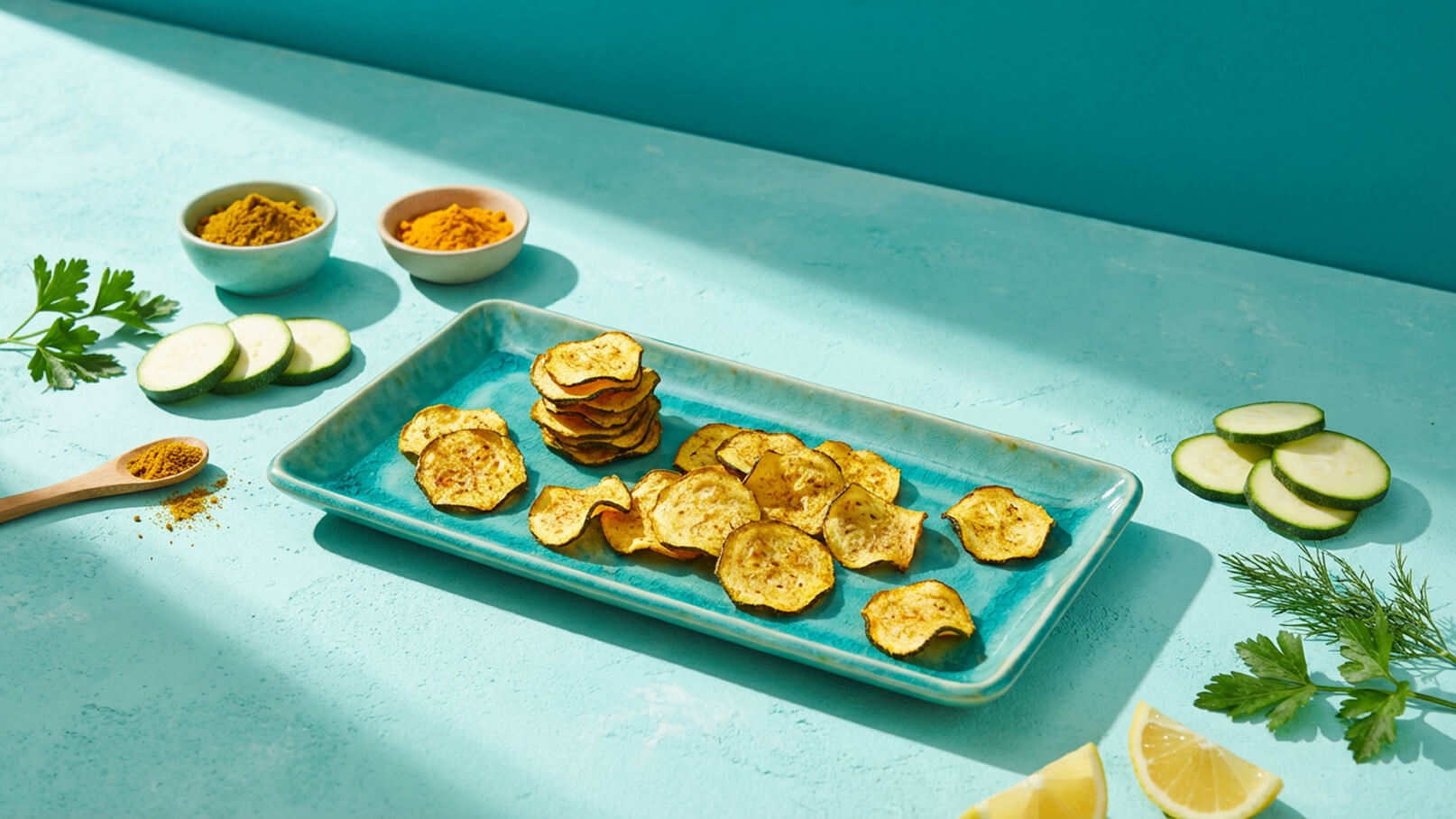 Auf einem blauen Teller liegen knusprige Zucchinichips, umgeben von frischen Zucchinischeiben und einigen Kräutern. Neben dem Teller sind zwei Schalen mit Gewürzen und ein Holzlöffel mit Gewürzpulver. Das Bild vermittelt ein fröhliches, gesundes Snack-Thema.