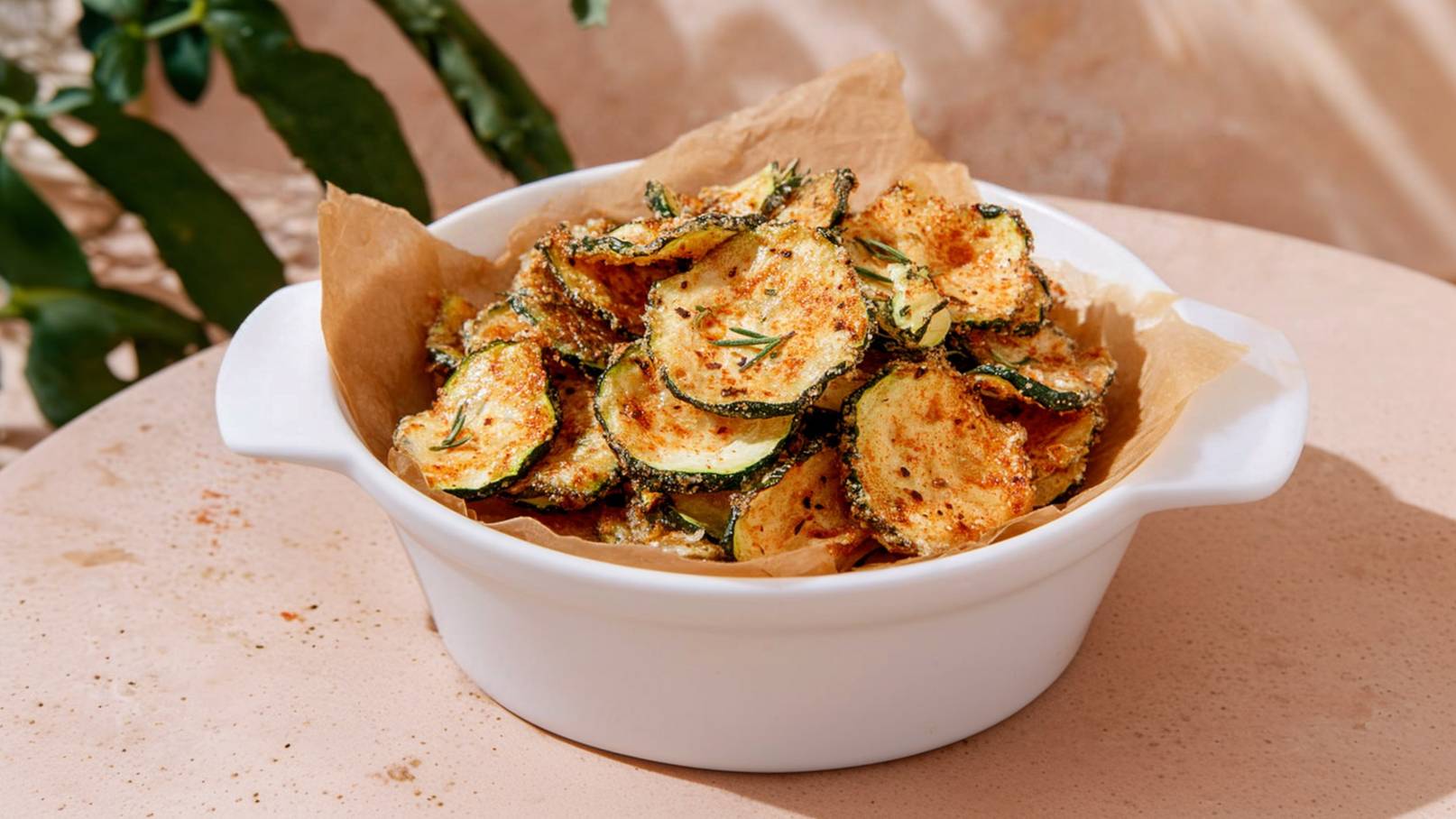Eine weiße Schüssel enthält knusprige Zucchinischeiben, die mit Gewürzen und einer goldbraunen Kruste überzogen sind. Die Zucchini sind auf einem Stück Backpapier angerichtet und von einer rustikalen Oberfläche umgeben.