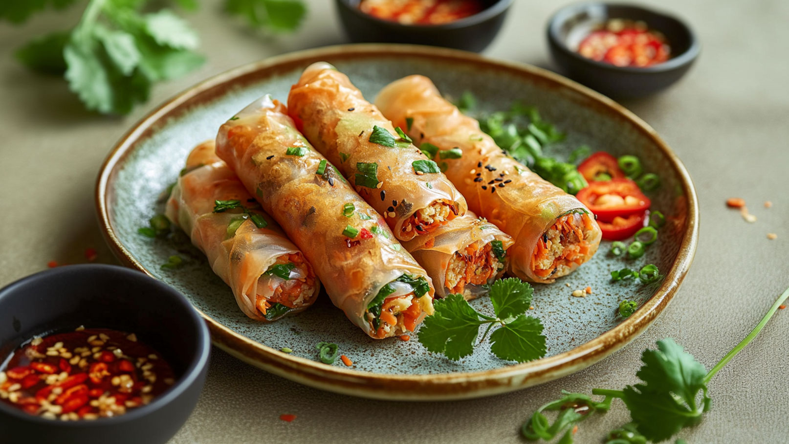 Auf dem Teller liegen mehrere frische Frühlingsrollen, gefüllt mit buntem Gemüse und Kräutern. Dazu gibt es eine kleine Schale mit einer würzigen Dip-Sauce, verziert mit Sesam und Chiliflocken. Frische Kräuter und einige geschnittene Chili sind neben den Rollen platziert.