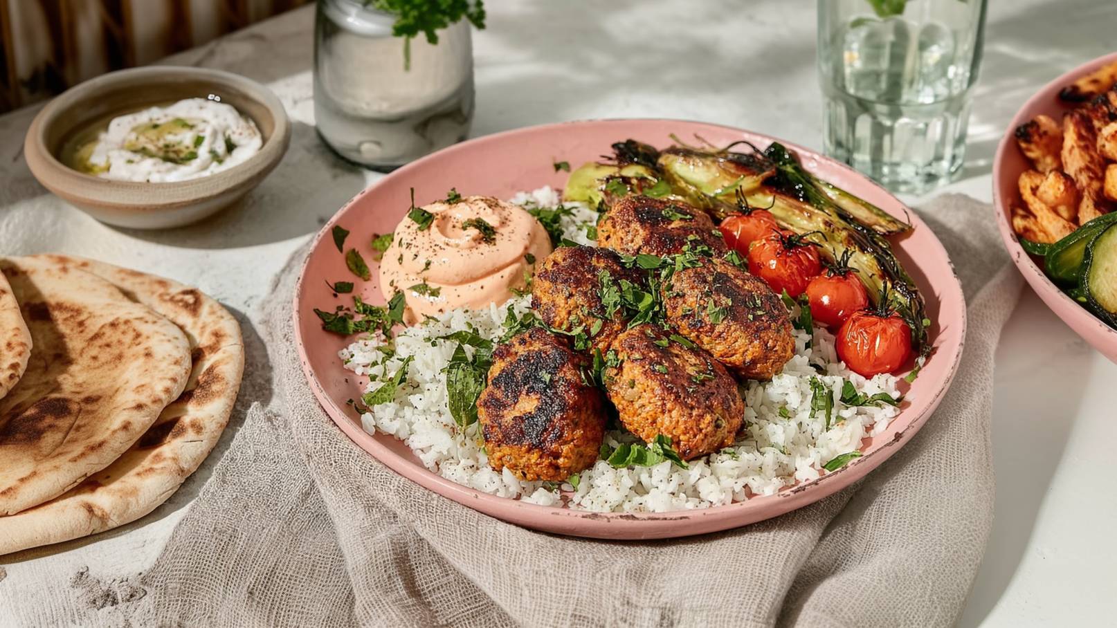 Auf einem weißen Teller liegt ein gegrillter Kebab auf einem Fladenbrot, garniert mit frischen Kräutern. Daneben befindet sich eine Schüssel mit cremigem Hummus und ein kleines Schälchen mit Soße. Im Hintergrund sind einige Kirschtomaten und Gurkenscheiben zu sehen.
