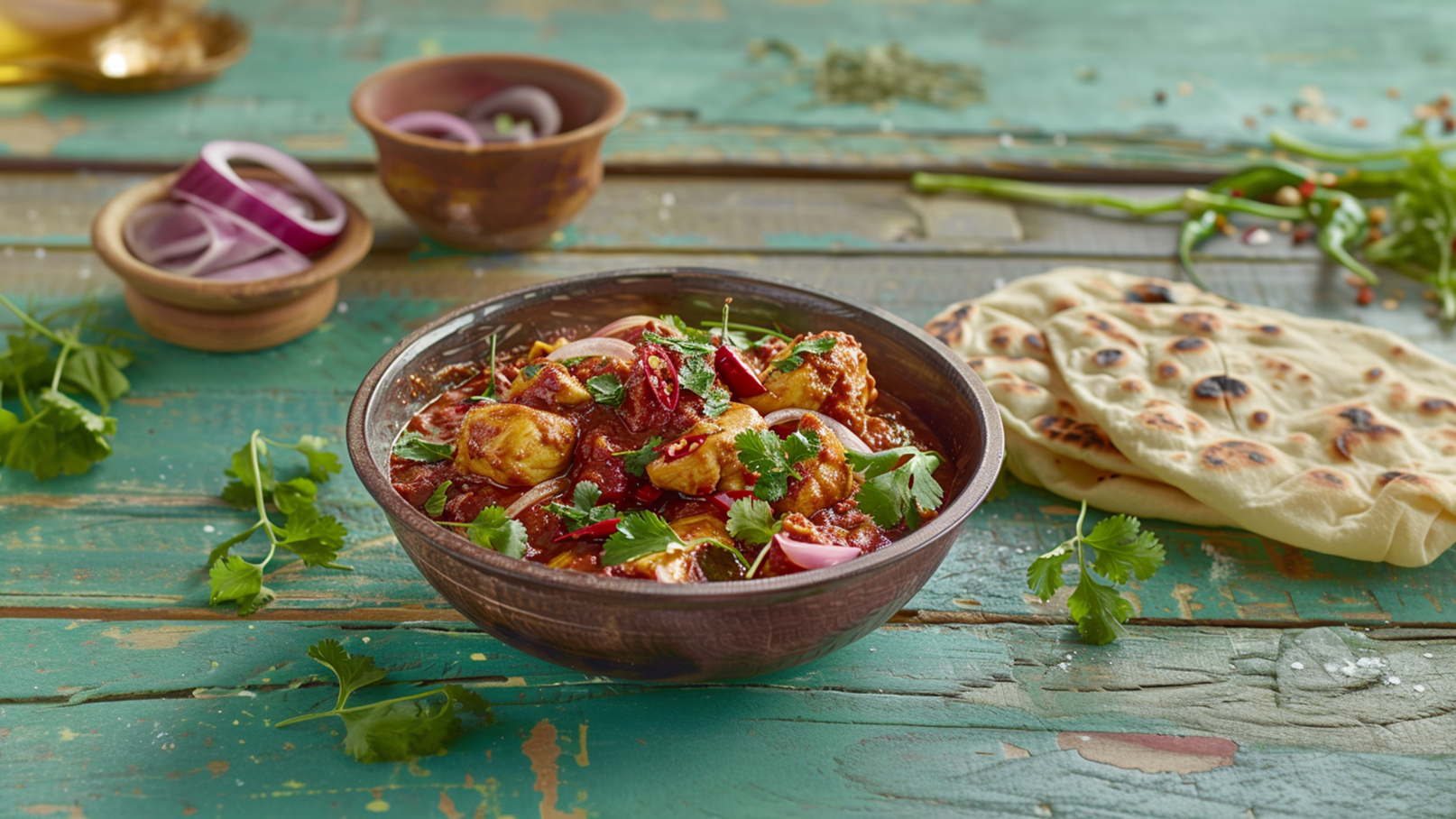 Eine Schüssel mit würzigem Curry enthält Stücke von Fleisch, garniert mit frischem Koriander und roten Zwiebeln. Daneben liegen frisches Brot (Naan) und einige Kräuter auf einem rustikalen Holztisch.