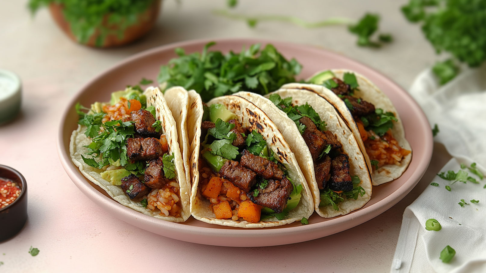 Ein Teller mit drei Tacos, gefüllt mit gegrilltem Fleisch, frischen Kräutern und Gemüse. Neben den Tacos befindet sich eine Portion Reis. Im Hintergrund sind grüne Blätter sichtbar, die den Teller begleiten.