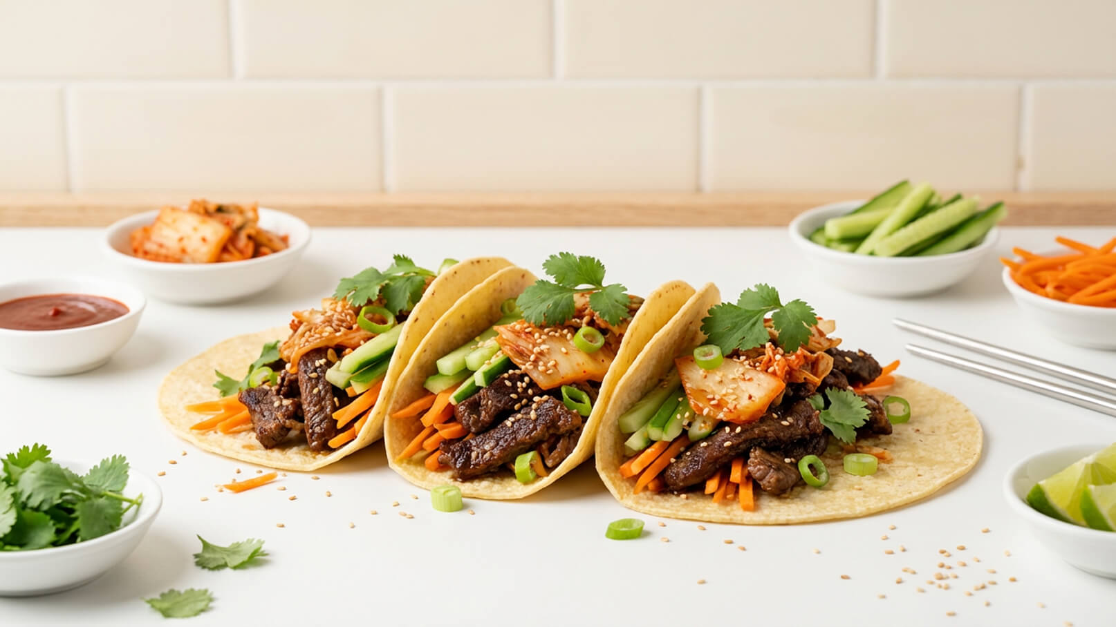 Drei gefüllte Tacos auf einem weißen Tisch, gefüllt mit Fleisch, Karotten, Gurken und Kimchi. Darüber frischer Koriander und Sesam. Im Hintergrund sind Schalen mit Beilagen wie grüner Salat und Saucen zu sehen.