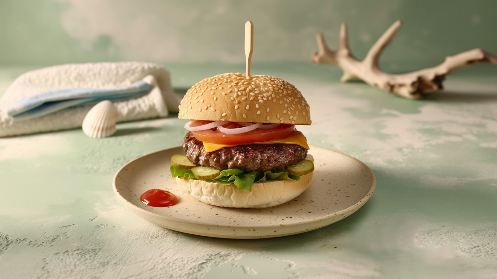 Ein saftiger Hamburger mit einem Sesambrötchen, gefüllt mit einem Patty, Käse, Tomaten, Zwiebeln, Gurken und Salat. Er liegt auf einem Teller mit einem Klecks Ketchup daneben. Der Hintergrund ist in sanften Grüntönen gehalten.
