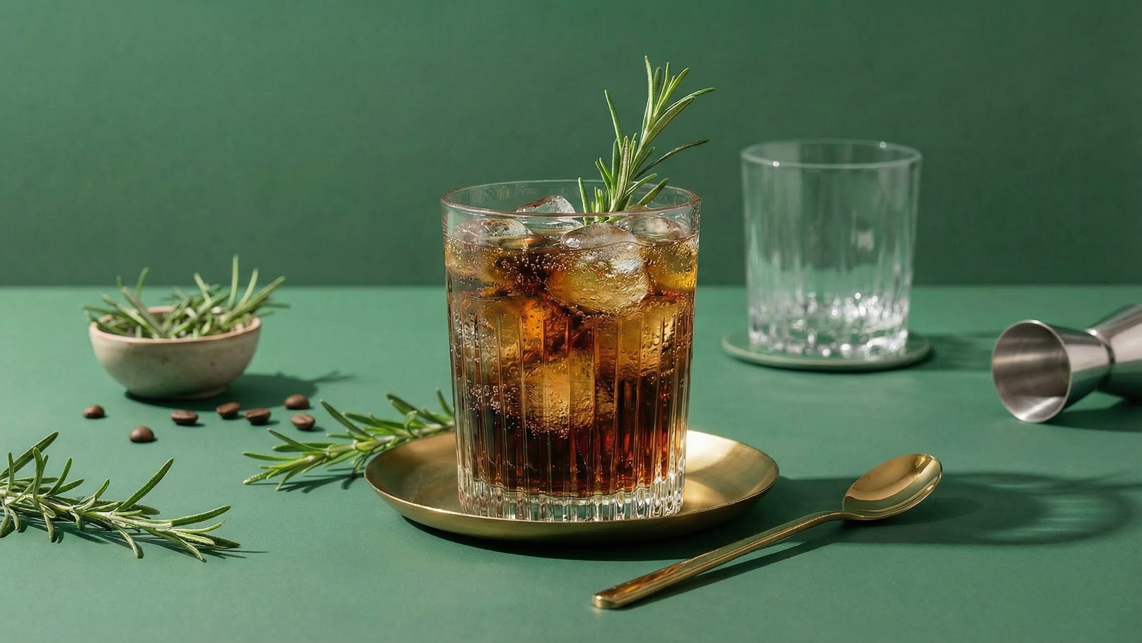 Ein Glas mit einem braunen Getränk und Eiswürfeln, garniert mit einem Zweig Rosmarin, steht auf einem goldenen Teller. Daneben befinden sich frische Rosmarinzweige und einige Kaffeebohnenelemente auf einem grünen Tisch. Ein weiterer Glasbecher und ein Messbecher liegen in der Nähe.