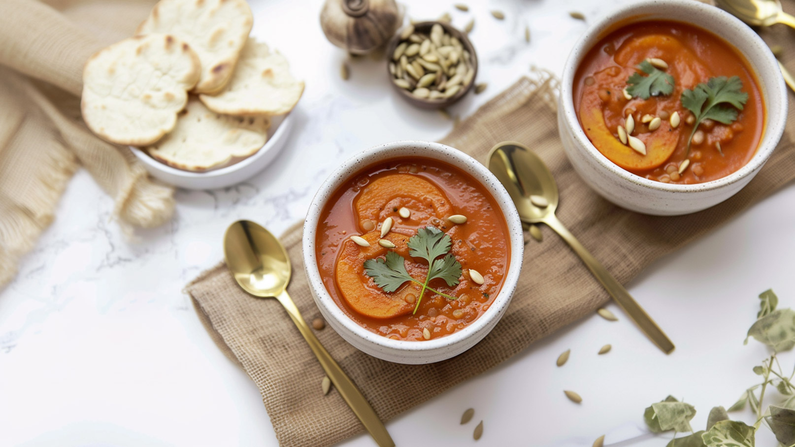 Zwei Schalen mit Kürbissuppe, garniert mit Koriander und Kürbiskernen, stehen auf einem rustikalen Tuch. Daneben liegt ein Teller mit Fladenbrot und goldene Löffel sind sichtbar. Das Bild vermittelt eine einladende und herzhafte Atmosphäre zum Essen.