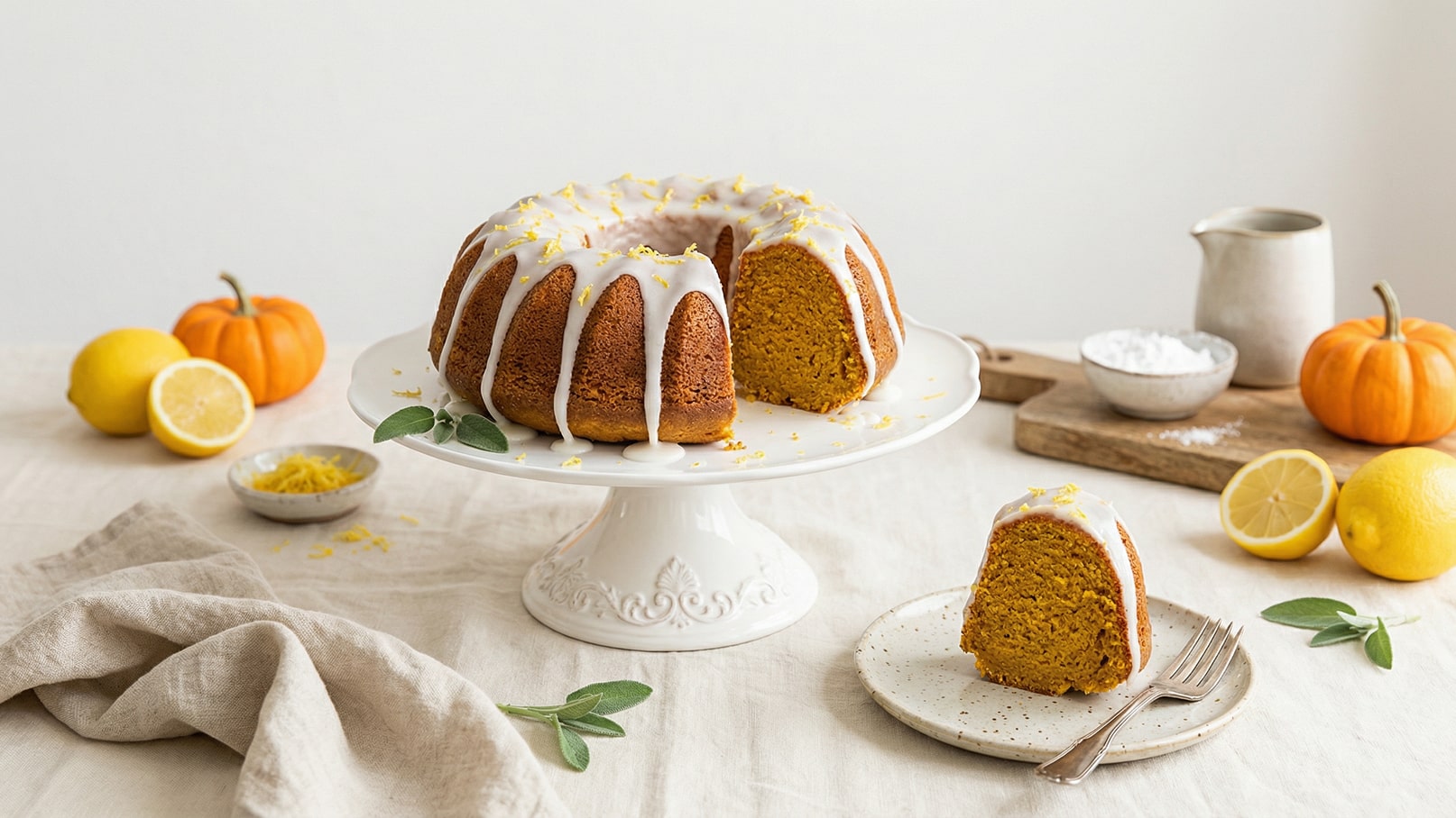 Ein orangefarbener Kürbiskuchen auf einem weißen Tortenständer mit Zuckerguss und Zitronenzesten. Ein Stück des Kuchens ist auf einem Teller präsentiert, daneben liegen frische Zitronen und ein kleiner Behälter mit Zitronenschalen. Im Hintergrund sind auch Kürbisse sichtbar.