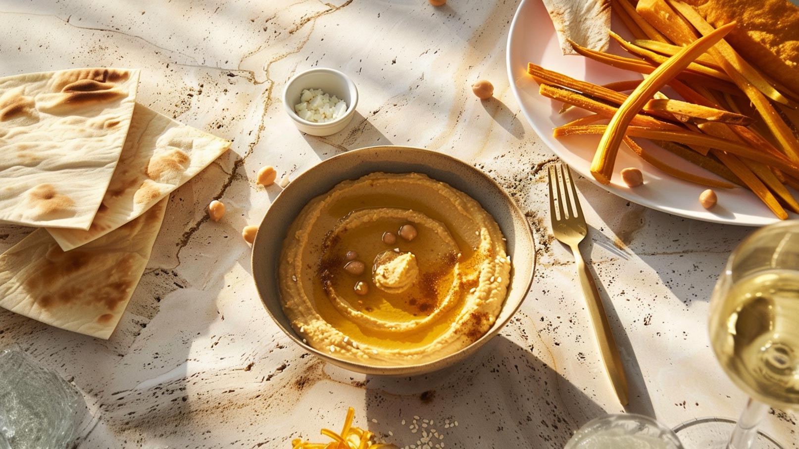 Eine Schale mit Hummus steht im Mittelpunkt, garniert mit Öl und Nüssen. Daneben liegen einige Stücke Fladenbrot und eine Platte mit goldenen Gemüsesticks. Die Umgebung zeigt eine helle, marmorierte Oberfläche, die die appetitliche Anrichtung der Speisen ergänzt.