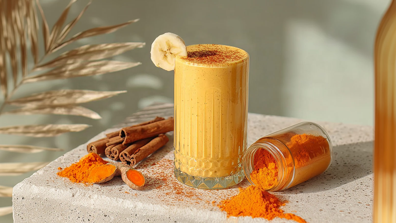 Ein Glas mit einem gelben Smoothie, garniert mit einer Bananenscheibe, steht auf einer hellen Oberfläche. Daneben liegen Zimtstangen und ein Glas mit Kurkumapulver, aus dem etwas Pulver herausgefallen ist. Der Hintergrund ist unscharf und wirkt warm.
