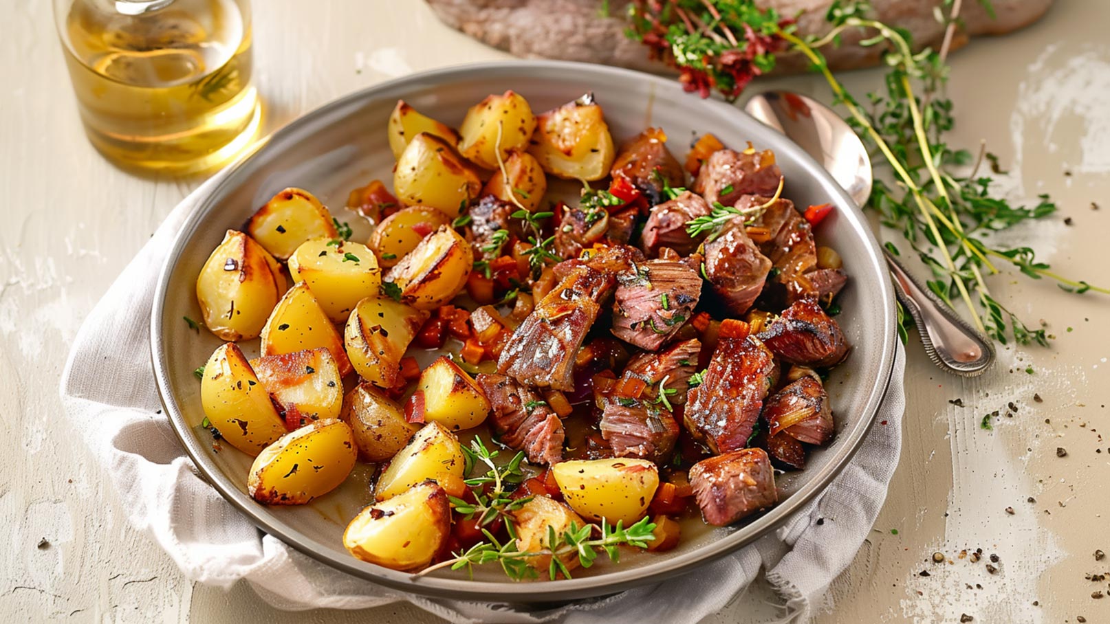 Ein Teller mit gebratenen, goldenen Kartoffeln und zartem, gewürztem Fleisch in Stückchen, garniert mit frischen Kräutern. Im Hintergrund eine Flasche Öl und einige Kräuterzweige. Das Gericht zeigt eine appetitliche, herzhafte Mahlzeit.