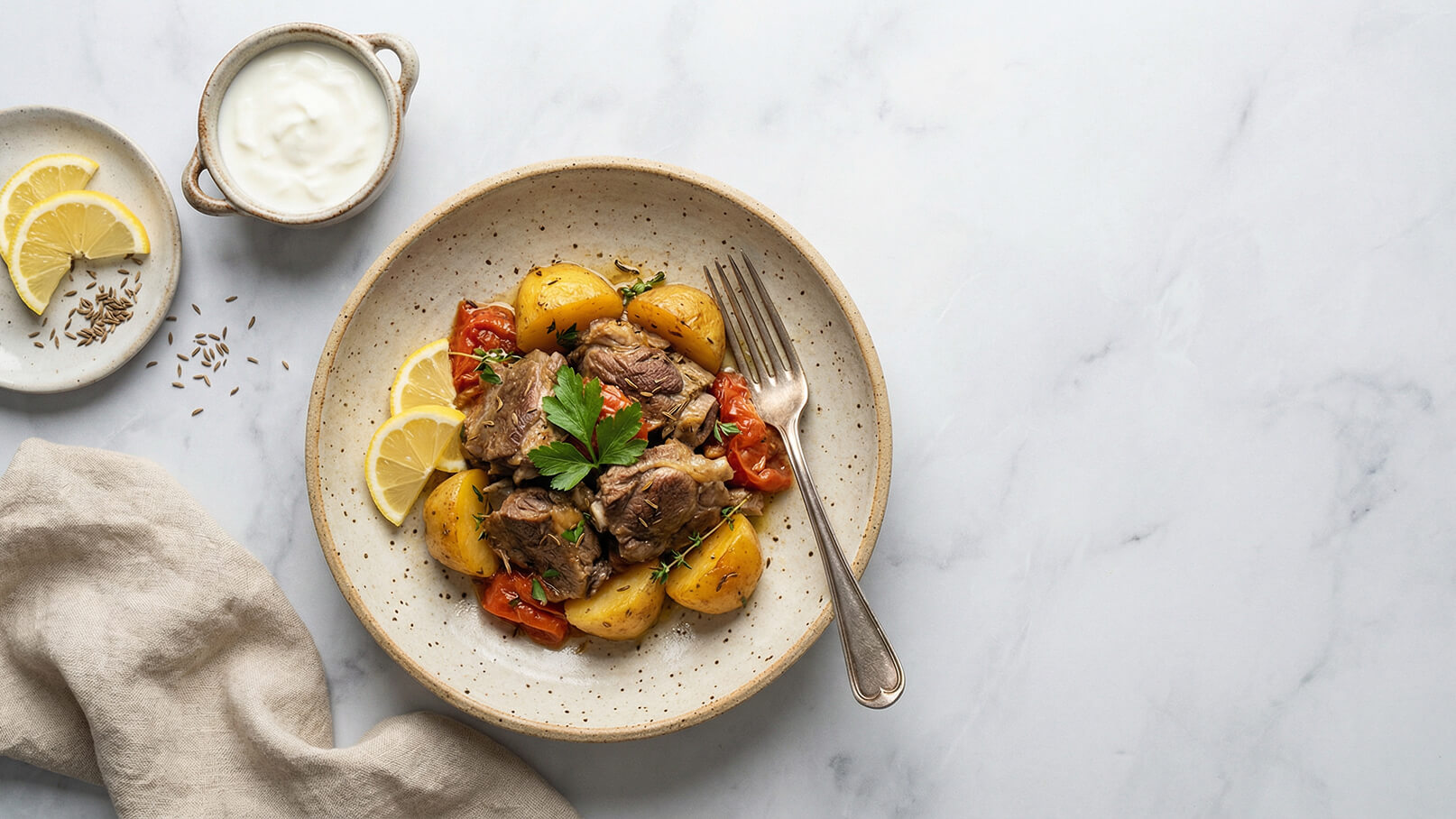 Ein Teller mit zartem, geschmortem Fleisch, umgeben von Kartoffeln und Kirschtomaten. Das Gericht ist mit frischer Petersilie garniert und wird mit Zitronenscheiben serviert. Im Hintergrund ist ein Schälchen mit Joghurt und einige Gewürze zu sehen.