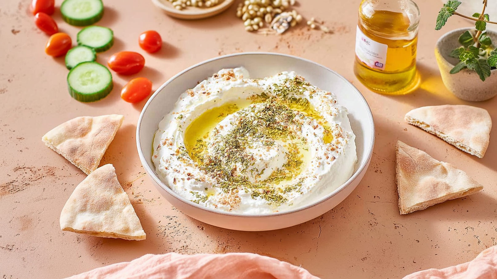 Eine Schüssel mit cremigem Dip, dekoriert mit Olivenöl und Gewürzen. Um die Schüssel liegen einige Stücke Fladenbrot sowie frisches Gemüse wie Gurken und Cherry-Tomaten. Der Hintergrund ist in sanften, warmen Farbtönen gehalten.