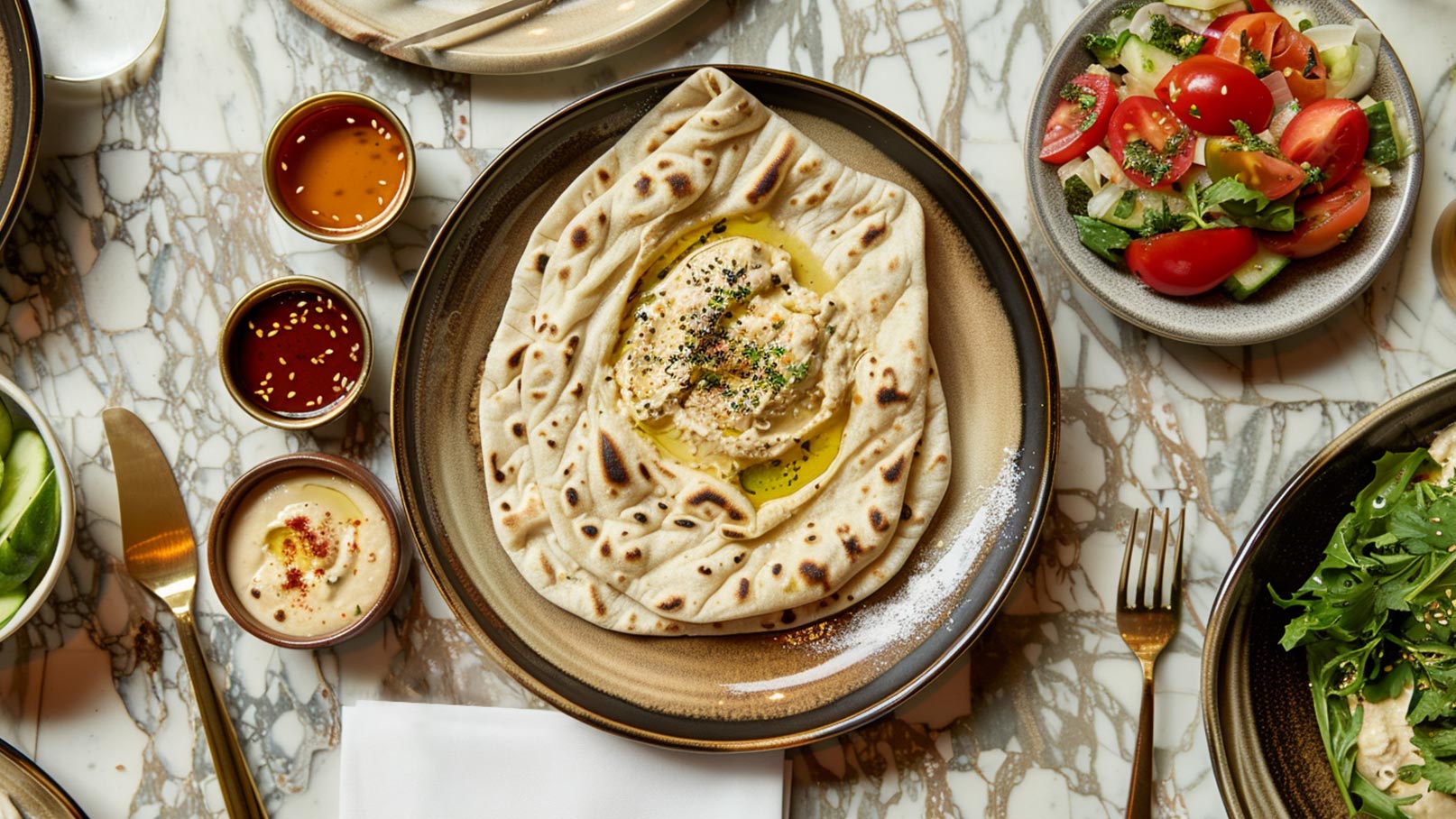 Ein Teller mit frischem Fladenbrot, das um eine Portion Hummus mit Olivenöl und Gewürzen drapiert ist. Daneben befinden sich kleine Schalen mit Saucen und ein Salat aus Tomaten und Gurken. Der Tisch ist aus Marmor.