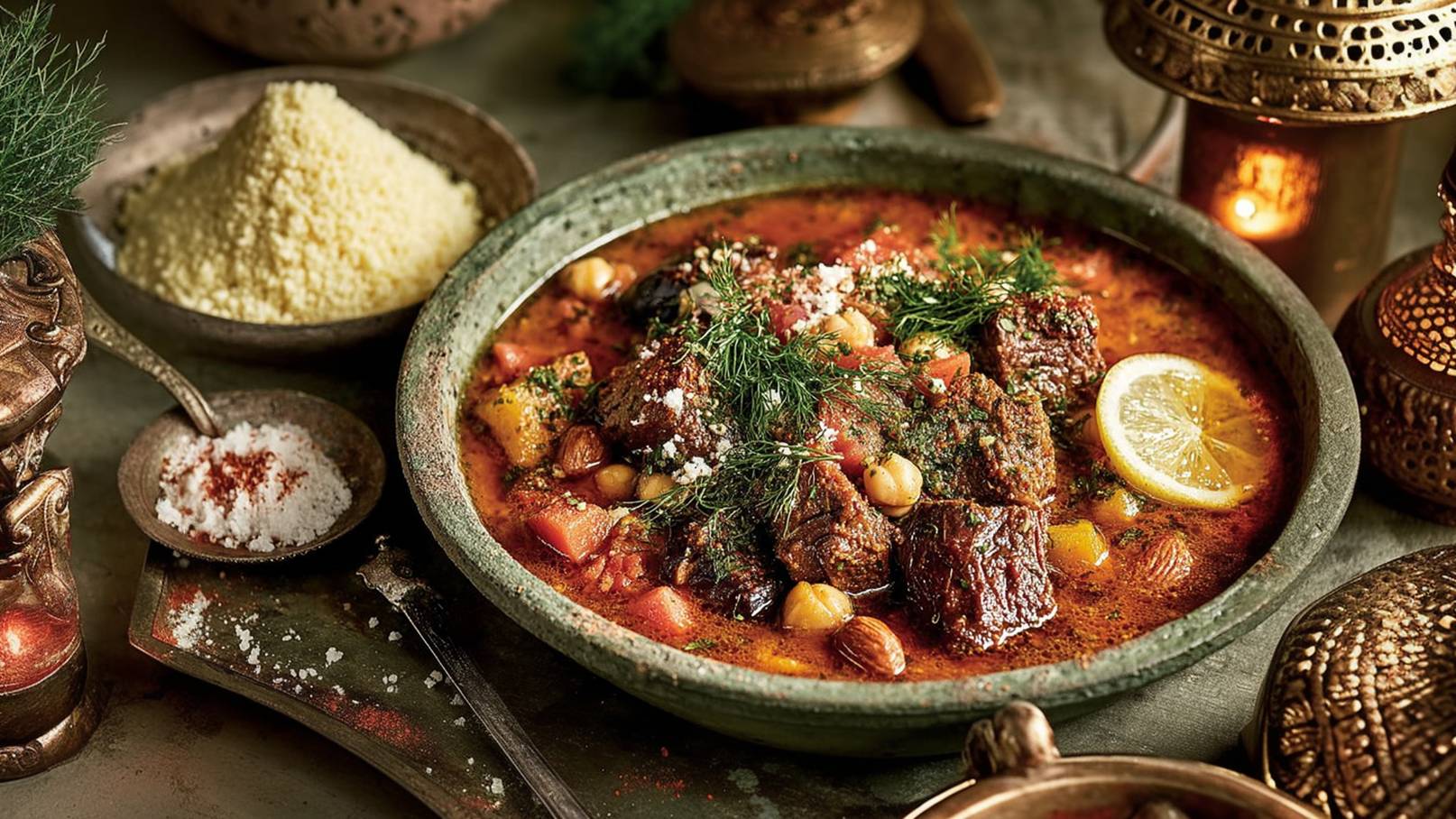 Eine grüne Schüssel enthält ein duftendes Eintopfgericht mit zartem Fleisch, Kichererbsen, frischem Dill und Gemüse in einer aromatischen Sauce. Neben der Schüssel steht ein Behälter mit Couscous und ein kleiner Löffel mit Salz. Das Gericht wird von einem warmen, einladenden Ambiente umgeben.
