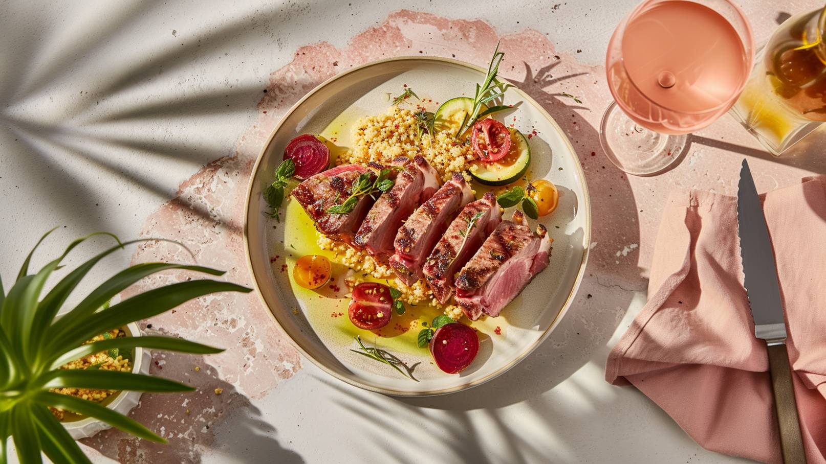 Auf dem Bild ist ein Teller mit gegrilltem Rindfleisch, das in gleichmäßige Stücke geschnitten ist. Daneben befinden sich gebratene Kirschtomaten und ein Hügel von Couscous. Das Gericht ist mit frischen Kräutern garniert und wirkt ansprechend angerichtet.