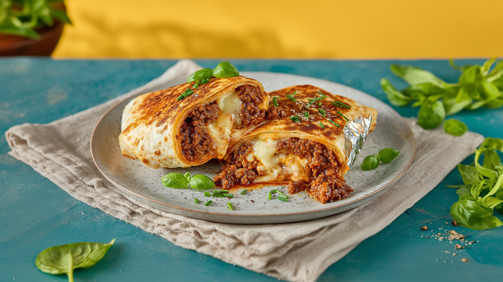 Zwei auf einem Teller angerichtete gefüllte Tortillas mit gebräuntem Hackfleisch und geschmolzenem Käse sind angerichtet. Sie sind mit frischen Kräutern, wie Schnittlauch und Basilikum, garniert. Der Hintergrund ist gelb und der Teller liegt auf einem blauen Tisch.