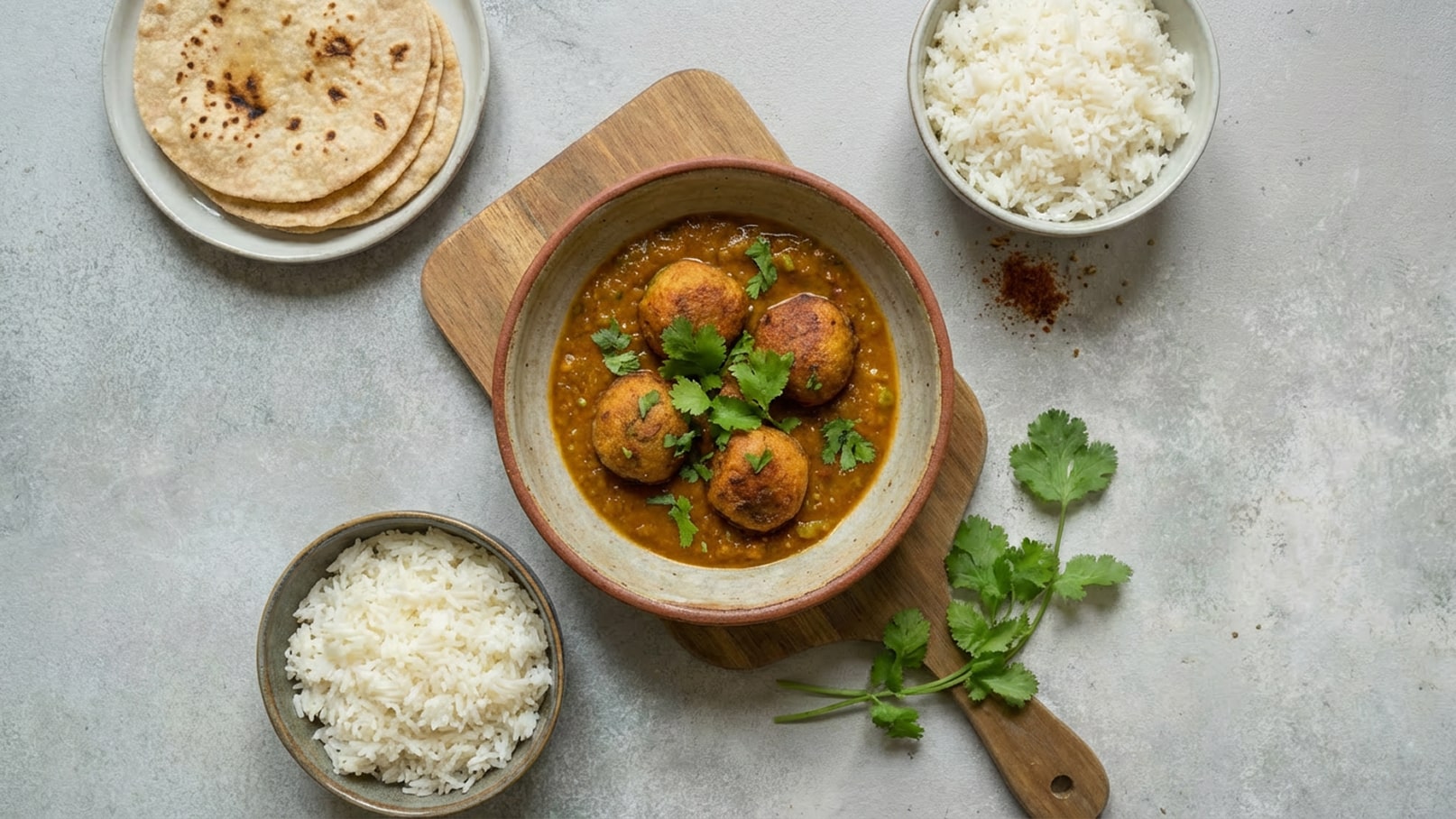 Eine Schüssel mit gefüllten Bällchen in würziger Sauce, dekoriert mit frischem Koriander, steht auf einem Holzbrett. Daneben sind zwei Schalen mit gedämpftem Reis und eine Platte mit Fladenbrot zu sehen.
