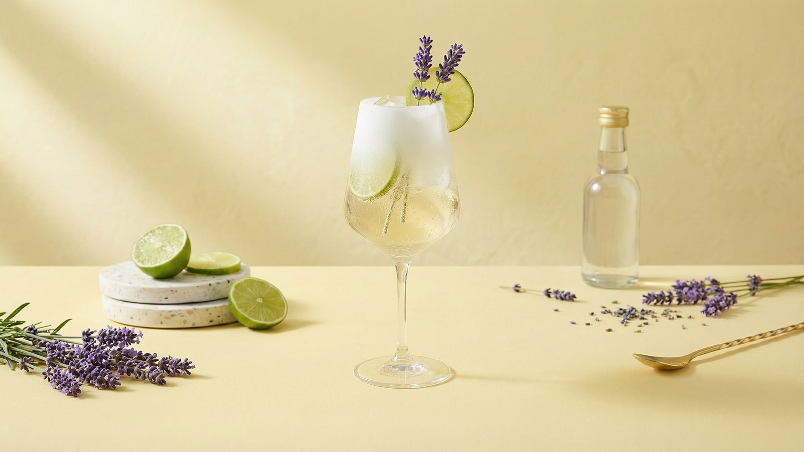 Ein elegantes Glas mit einem erfrischenden Getränk, gefüllt mit Eis, Limettenscheiben und garniert mit Lavendelblüten, steht auf einem hellgelben Tisch. Neben dem Glas liegen einige halbierte Limetten und ein Fläschchen Wasser.