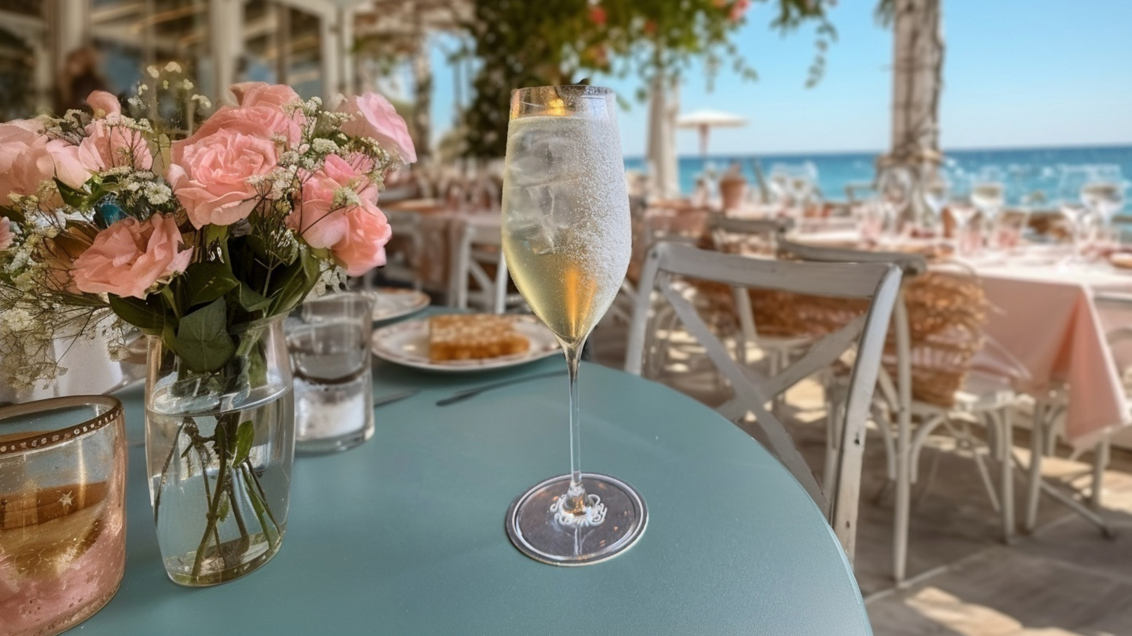 Ein Glas Sekt mit Eiswürfeln steht auf einem blauen Tisch, neben einem Blumentopf mit rosa Rosen und weißen Blumen. Im Hintergrund sind gedeckte Tische am Strand sichtbar, mit Meerblick und Sonnenschein, was eine einladende Atmosphäre schafft.