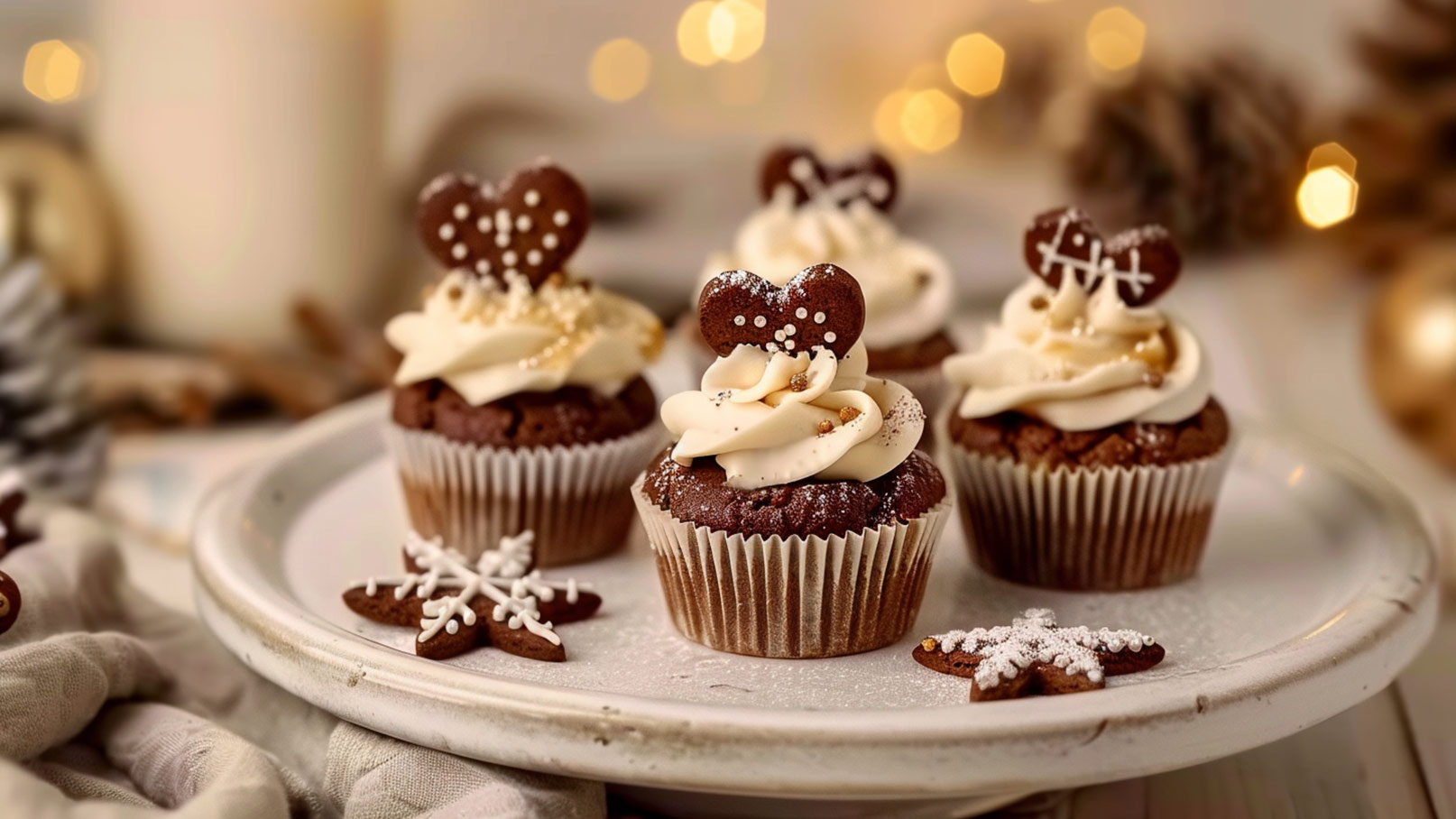 Ein Teller mit vier dekorierten Schokoladen-Cupcakes, die mit schöner Sahne und herzförmigen Lebkuchen-Keksen verziert sind. Im Hintergrund sind leicht unscharfe, festliche Lichter und Tannenzapfen zu sehen. Einige Plätzchen in Form von Weihnachtsmotiven liegen neben den Cupcakes.