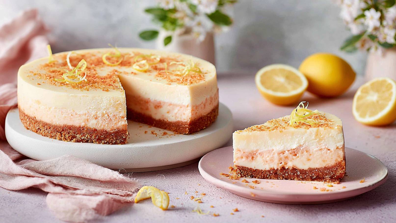 Ein cremiger Zitronenkuchen auf einem hellen Teller, aus dem ein Stück herausgeschnitten wurde. Der Kuchen hat eine knackige Keksbasis und ist mit gelben Zitronenschalen und einem Hauch von Keksbröseln garniert. Im Hintergrund liegen frische Zitronen.