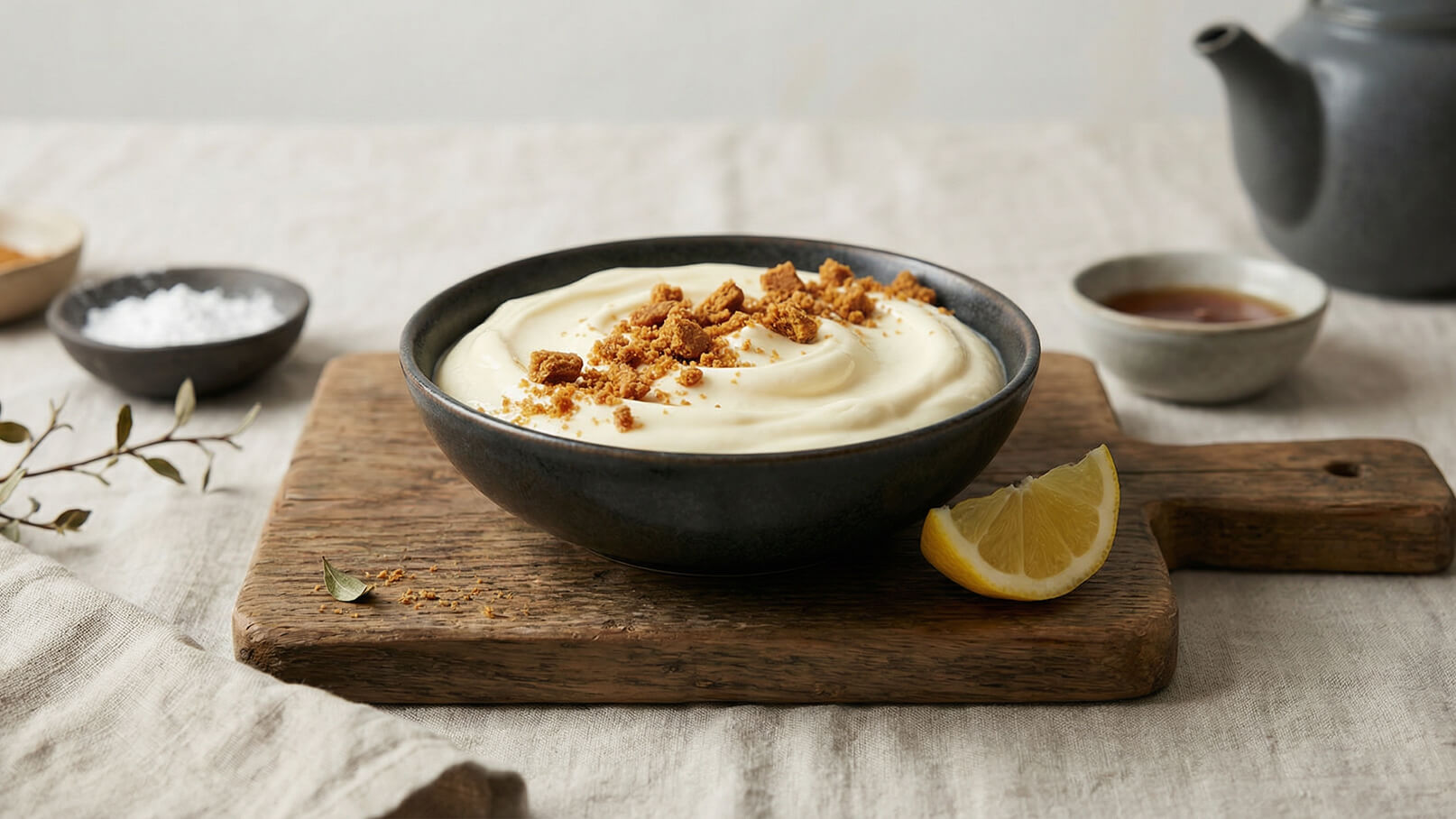 Ein schwarzer Schalen mit cremigem Dessert, dekoriert mit zerbröselten Keksen, steht auf einem Holzbrett. Neben der Schale liegt eine Scheibe Zitrone. Im Hintergrund sind kleine Schalen mit Salz und einer dunklen Flüssigkeit zu sehen. Die gesamte Anordnung vermittelt eine angenehme, einladende Atmosphäre.