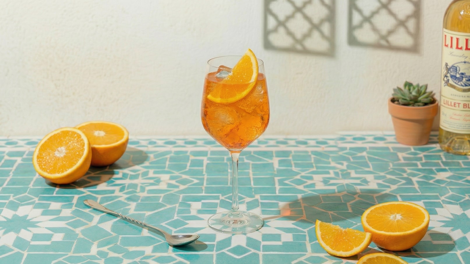 Ein elegantes Glas mit einem orangen Getränk und Eiswürfeln steht auf einem hellblauen, gefliesten Tisch. Zwei halbierte Orangen liegen daneben, und eine Orangenscheibe dekoriert den Glasrand. Im Hintergrund ist ein kleiner Pflanze in einem Blumentopf zu sehen.