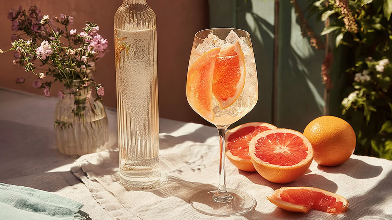 Ein Glas mit einem sprudelnden Getränk, gefüllt mit Eis und Grapefruitscheiben, steht auf einem Tisch. Daneben befindet sich eine flasche, die ebenfalls das Getränk enthält, sowie frische Grapefruithälften. Die Szene vermittelt einen erfrischenden, sommerlichen Eindruck.