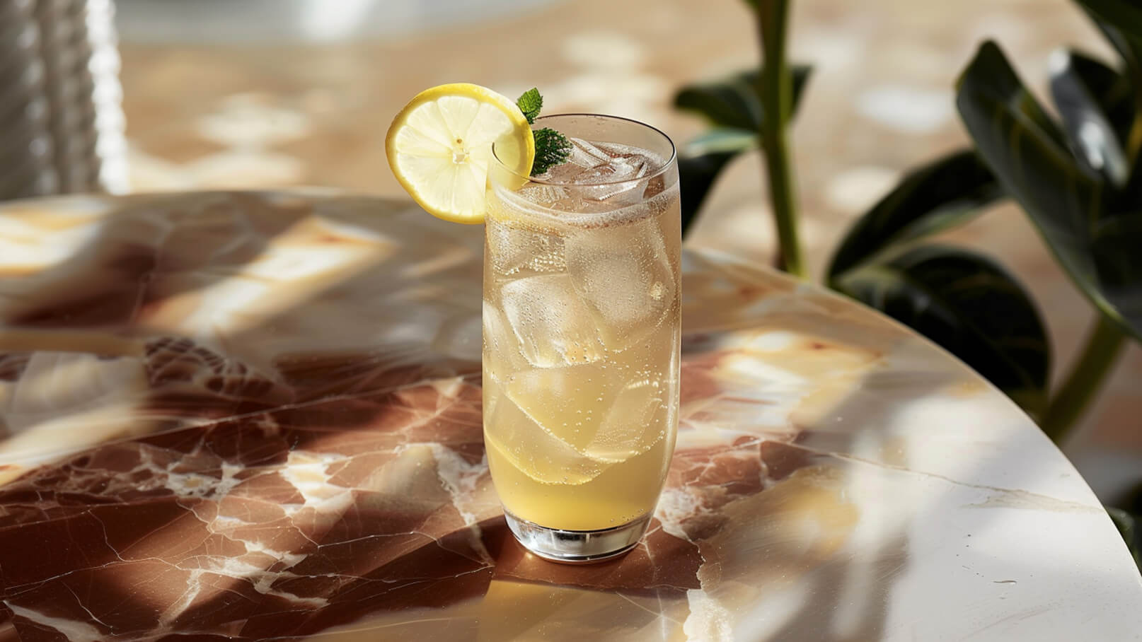 Ein Glas mit einem erfrischenden Getränk, das Eiswürfel enthält. Es ist mit einer Zitronenscheibe und einem Minzblatt dekoriert. Der Hintergrund zeigt einen Tisch mit marmorierter Oberfläche.