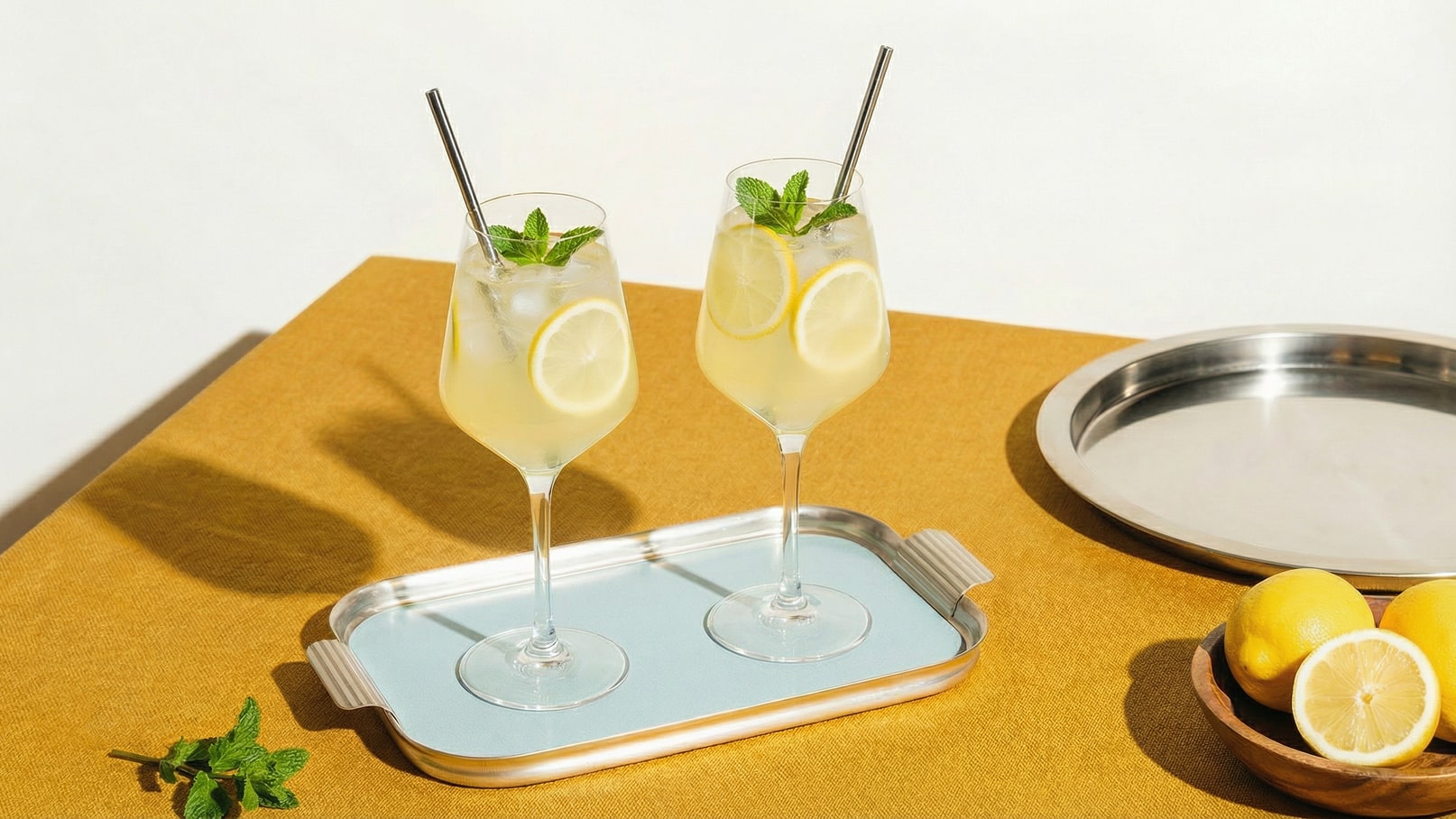 Zwei Gläser mit einem erfrischenden Getränk stehen auf einem Teller. Die Getränke sind mit Eis, Zitronenscheiben und frischem Minzblatt dekoriert. Der Hintergrund zeigt eine braune Tischdecke und einen silbernen runden Teller mit Zitronen.