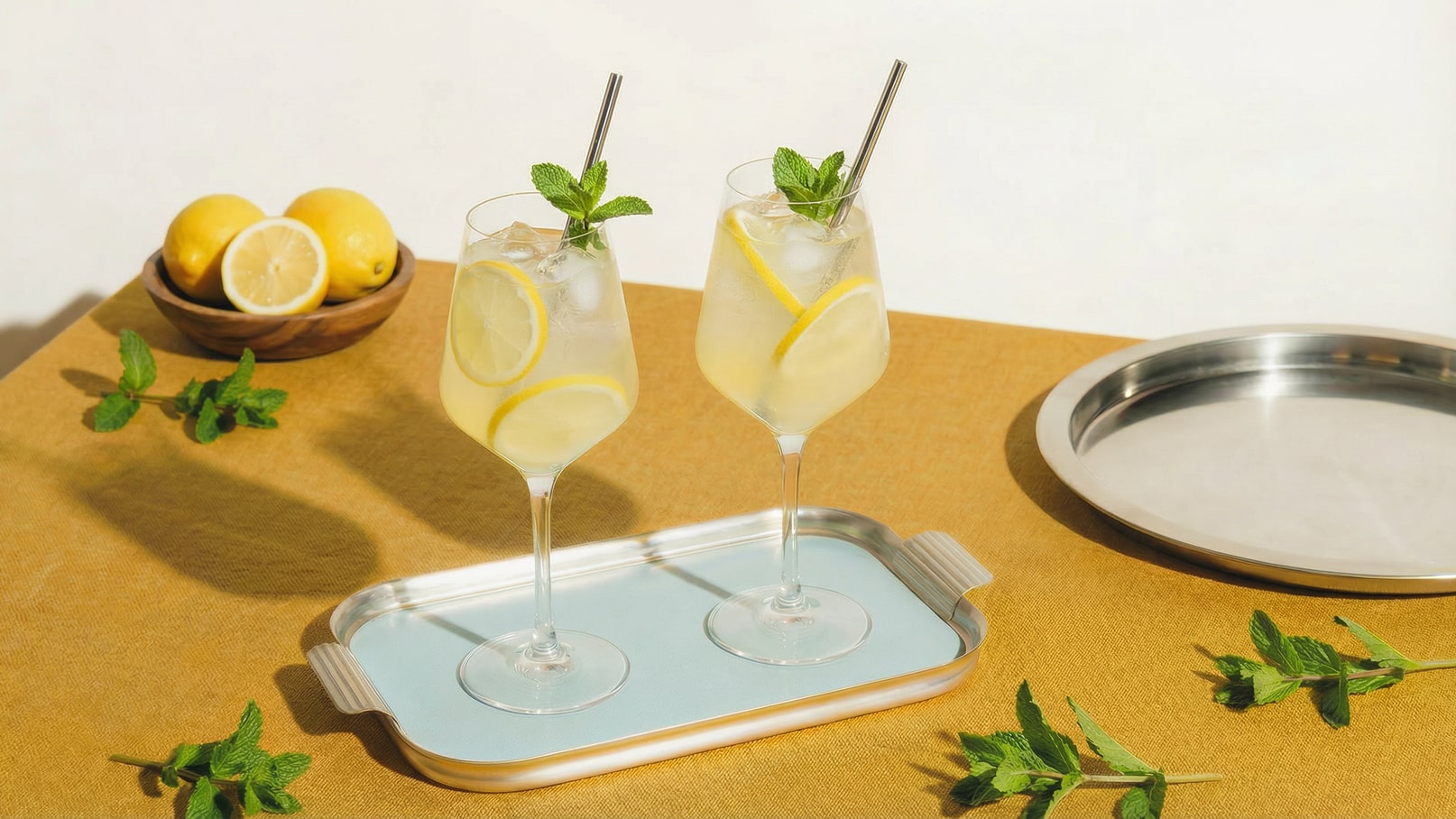 Zwei Gläser mit einem erfrischenden Getränk, verziert mit Zitronenscheiben und Minzblättern, stehen auf einem blauen Tablett. Im Hintergrund sind einige Zitronen in einer Schale zu sehen, umgeben von frischer Minze auf einem goldenen Tisch.