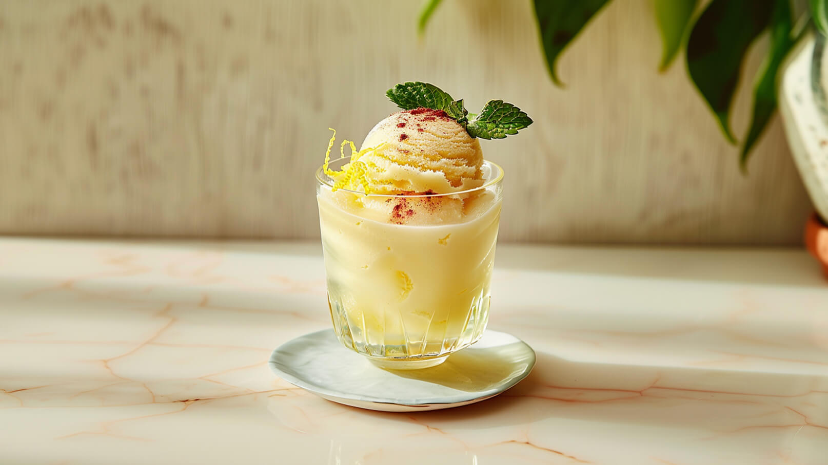 Ein Glas mit cremigem Zitroneneis, garniert mit einem Minzblatt und Zitronenschalen. Das Eis hat eine helle, gelbe Farbe und ist auf einem kleinen weißen Teller platziert. Der Hintergrund ist neutral und hebt das Dessert hervor.