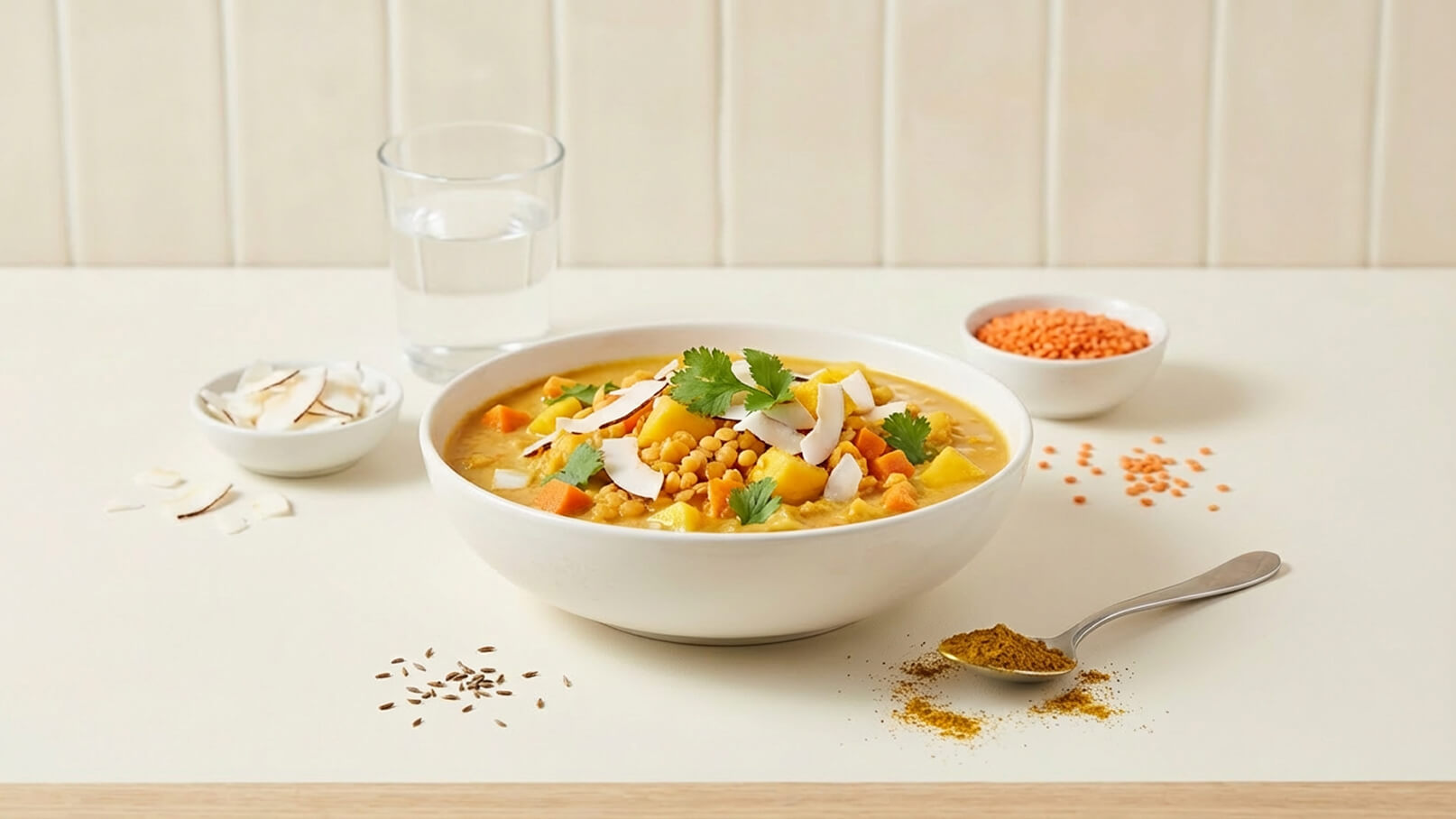 Eine Schüssel mit farbenfroher Linsensuppe, garniert mit frischen Kräutern und Kokosraspeln. Daneben liegen Kokosstückchen, rote Linsen und ein Teelöffel mit Gewürz. Ein Glas Wasser ist ebenfalls sichtbar.