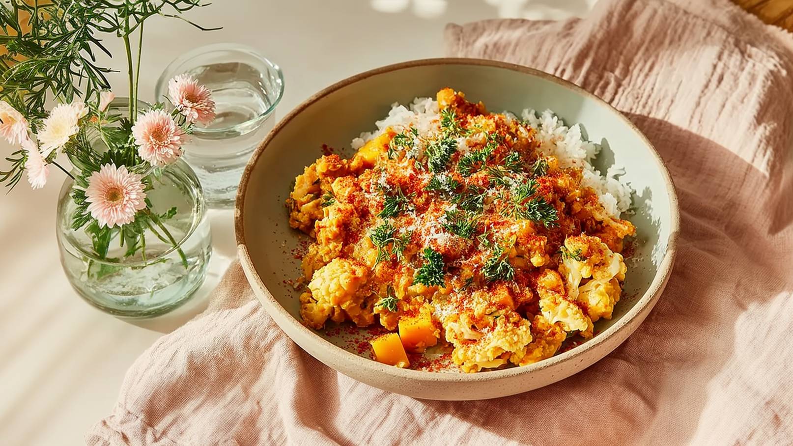 Eine flache Schüssel enthält ein Gericht mit Reis, Blumenkohl und gewürfeltem Gemüse, garniert mit grünen Kräutern und rotem Gewürz. Die Schüssel steht auf einem hellen Tuch, neben ihr befinden sich ein Glas Wasser und eine Vase mit frischen Blumen.