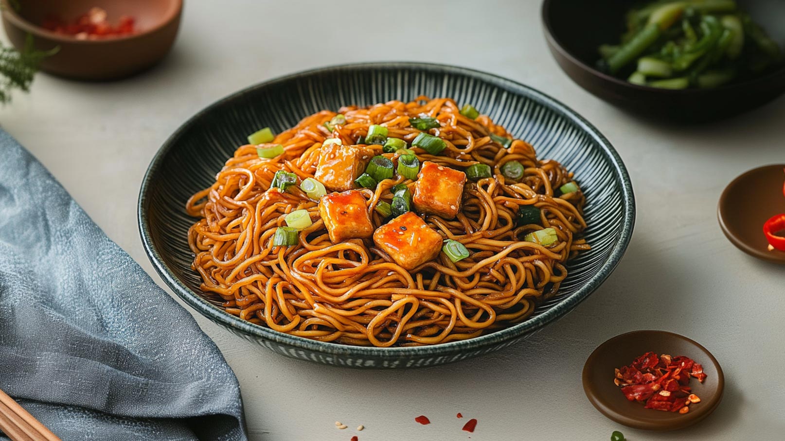 Ein tiefes Schalengericht mit gebratenen Nudeln, belegt mit Würfeln aus Tofu und gehackten Frühlingszwiebeln. Die Nudeln haben eine glänzende Soße und sind in einer ansprechenden, dunklen Schale angerichtet. Im Hintergrund sind einige Schalen mit Gemüse und Gewürzen zu sehen.
