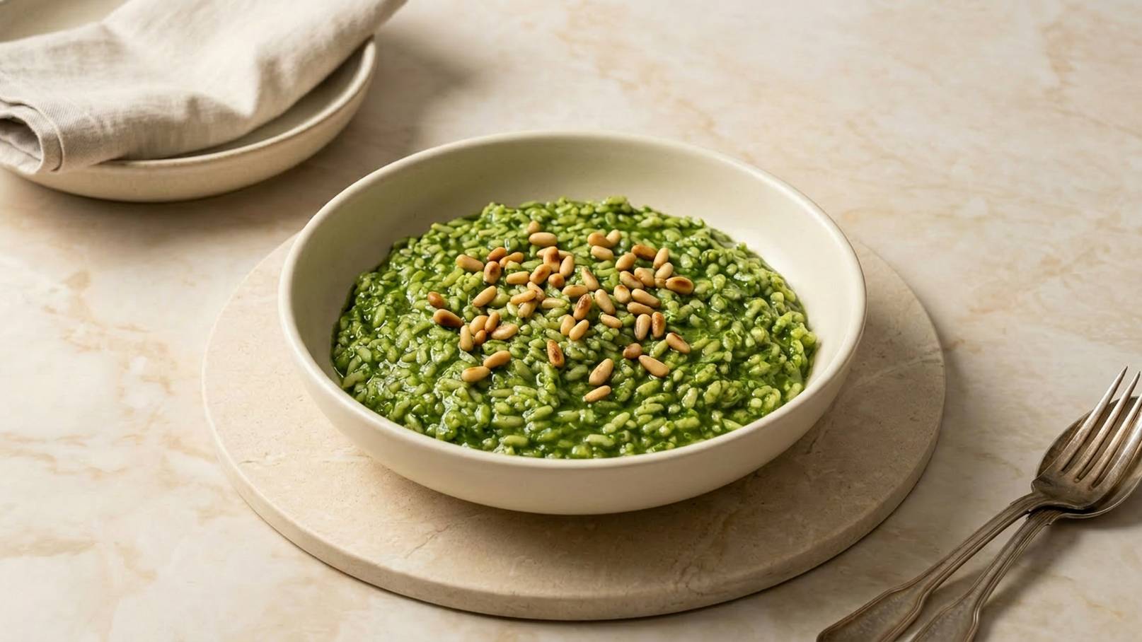 Ein Teller mit grünem Risotto, garniert mit gerösteten Pinienkernen. Der Risotto hat eine cremige Konsistenz und ist in einer runden, flachen Schüssel angerichtet. Im Hintergrund liegen ein Stoffserviette und ein Besteck auf einem hellen Tisch.