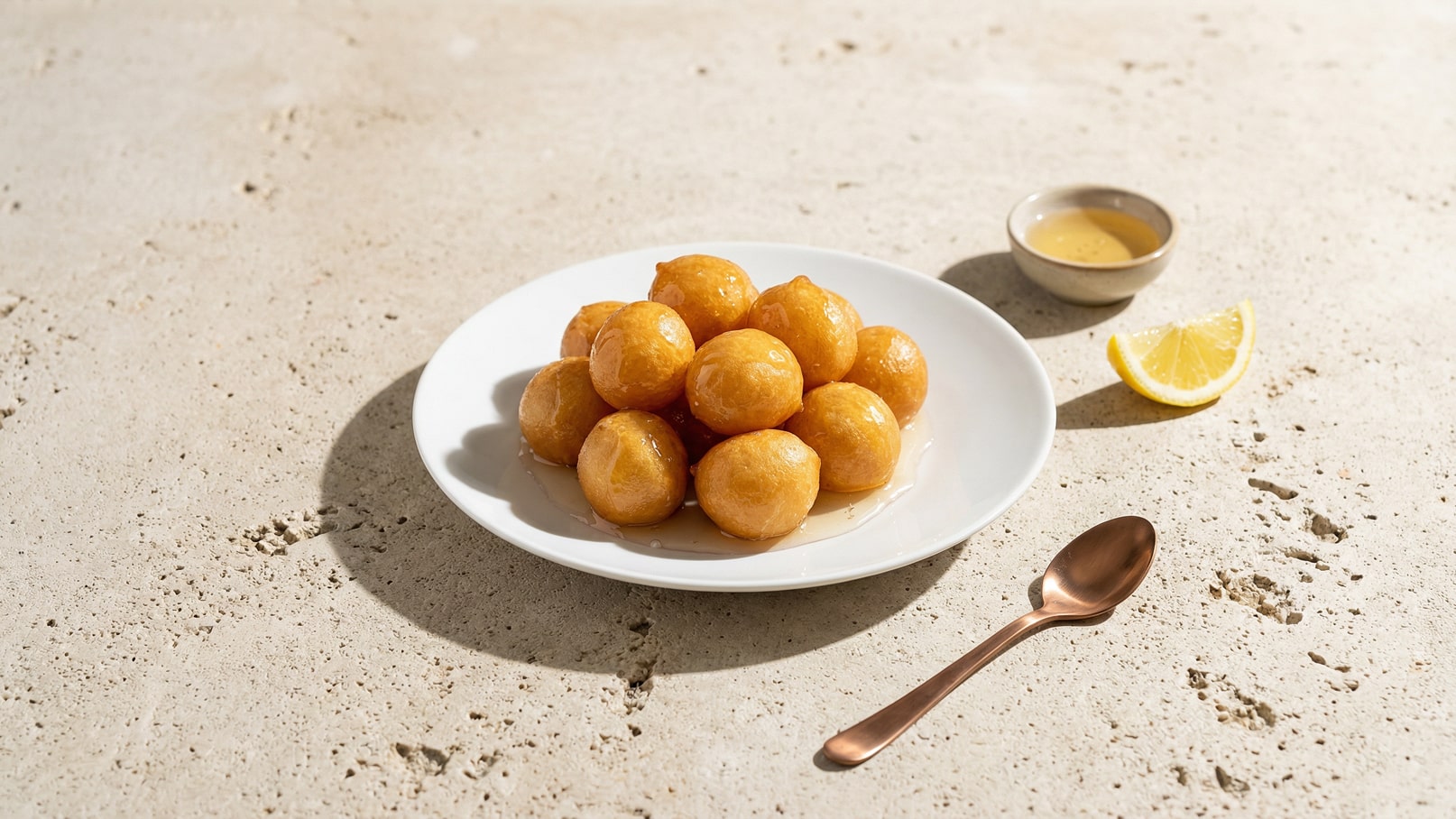 Ein weißer Teller mit einem Stapel goldbrauner, runder Teigkugeln in Honigsirup. Daneben befinden sich eine kleine Schüssel mit Honig und eine Zitronenscheibe. Der Hintergrund ist neutral und strukturiert.