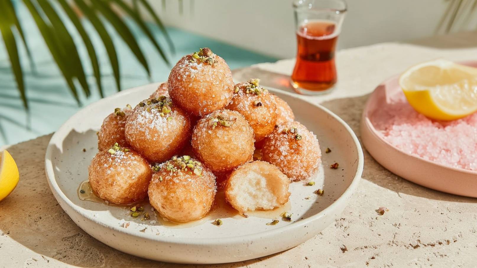 Ein Teller mit kleinen, runden, frittierten Teigbällchen, die mit Puderzucker und gehackten Pistazien bestreut sind. Ein Teil eines Bällchens ist sichtbar, und es liegt Honig darunter. Im Hintergrund sind ein Glas Tee und eine Zitronenscheibe zu sehen.