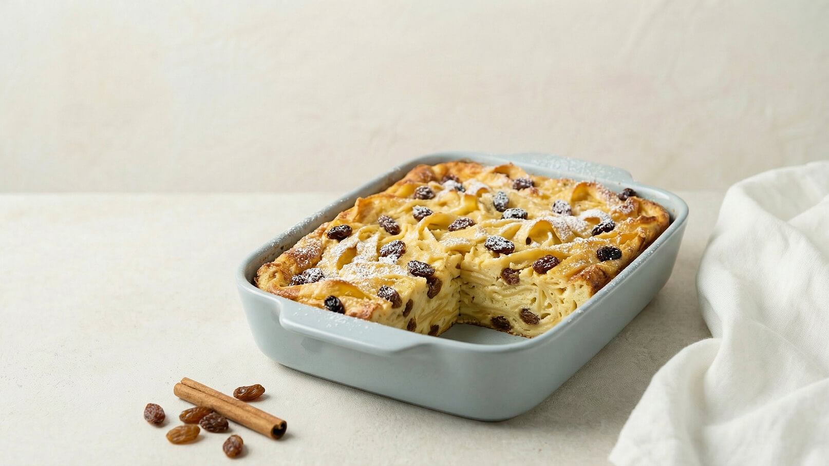 Ein hellblaues Backblech enthält einen aufgeschnittenen Auflauf, der mit Puderzucker und Rosinen garniert ist. Daneben liegen einige Zimtstangen und getrocknete Rosinen auf einer hellen Tischoberfläche. Die Oberfläche des Auflaufs ist goldbraun gebacken.