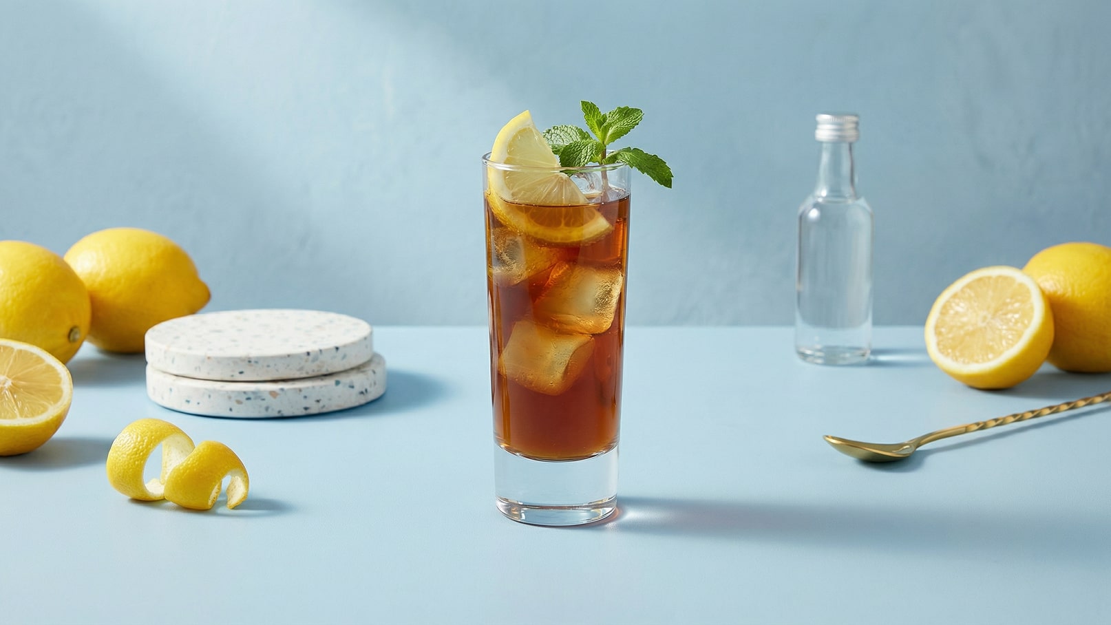 Ein hohes Glas mit eisgekühltem Tee, garniert mit Zitronenscheiben und frischen Minzblättern. Um das Glas herum liegen frische Zitronen und eine Zitronenschale. Im Hintergrund ist eine kleine Glasflasche und Untersetzer zu sehen, alles auf einem hellblauen Tisch.
