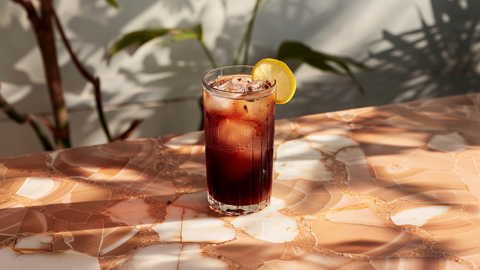 Ein Glas mit einem dunklen Getränk, das Eiswürfel enthält, steht auf einem marmorierten Tisch. Eine Scheibe Zitrone dekoriert den Rand des Glases. Im Hintergrund sind Schatten von Pflanzen zu sehen.