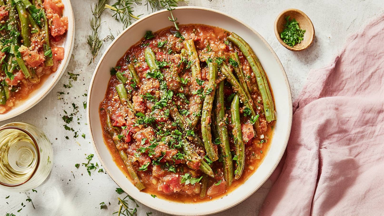 Ein Teller mit grünen Bohnen in Tomatensoße, garniert mit frischer Petersilie. Daneben eine Schale mit halbierten Kirschtomaten und eine kleine Schale mit Olivenöl. Im Hintergrund liegen einige Stücke Fladenbrot und frische Kräuter.