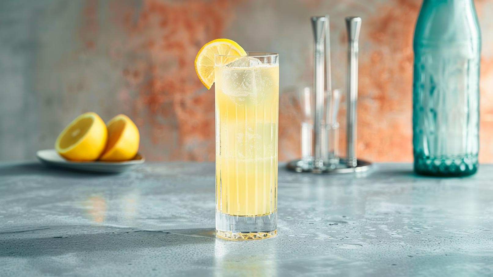 Ein erfrischendes Getränk in einem hohen Glas, gefüllt mit Eiswürfeln und einer orangefarbenen Flüssigkeit. Eine Zitronenscheibe ist am Glasrand befestigt. Der Untergrund ist eine marmorierte Tischplatte. Hintergrund unscharf mit Pflanzen und Lichtquellen.